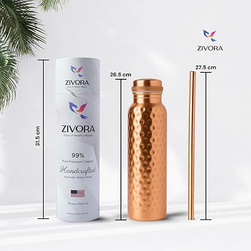 Miniatura 7 de Botella de agua de cobre puro para beber, probada en laboratorio, vaso 100% puro, botella de cobre ayurvédico martillado, 34 onzas
