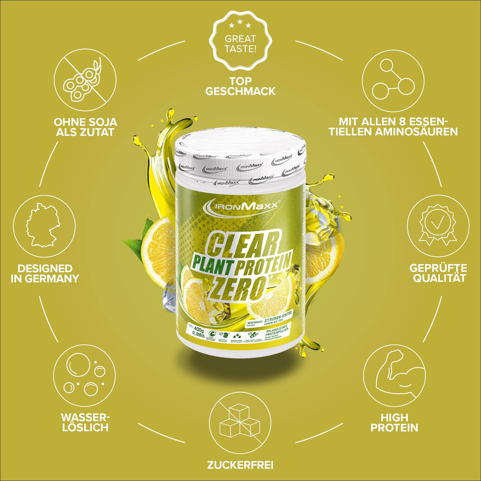IronMaxx Clear Plant Protein Zero – Lemon Ice Tea 400g Boîte | Protéines véganes sans sucre à base de pois | Boisson sportive claire et sans soja