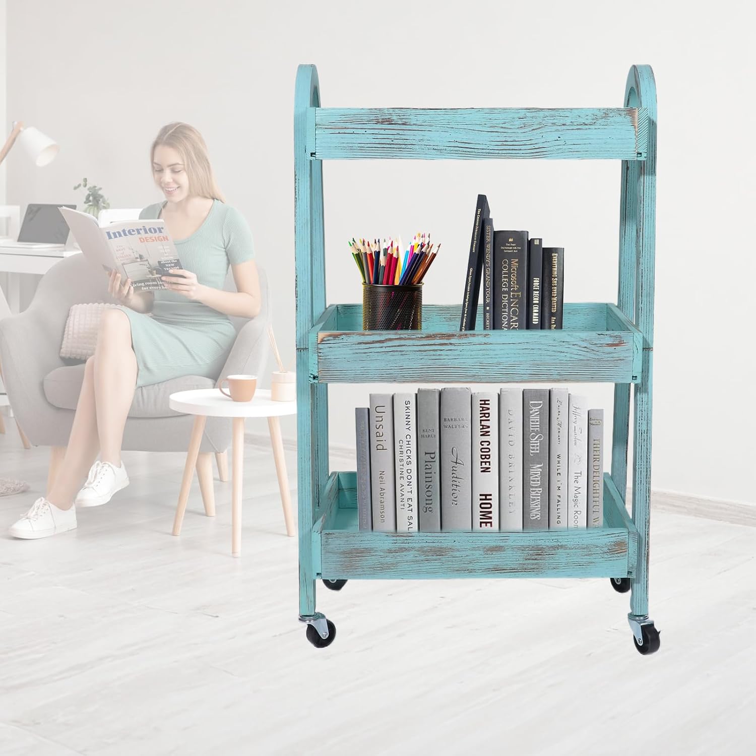 3-Tier Wooden Rolling Cart- Wooden Utility Cart wit Wheels- Utility Rolling Cart-Storage Trolley Organizer- Rolling Kitchen Serving Cart for Office,Kitchen, Kids' Room (Retro Blue)