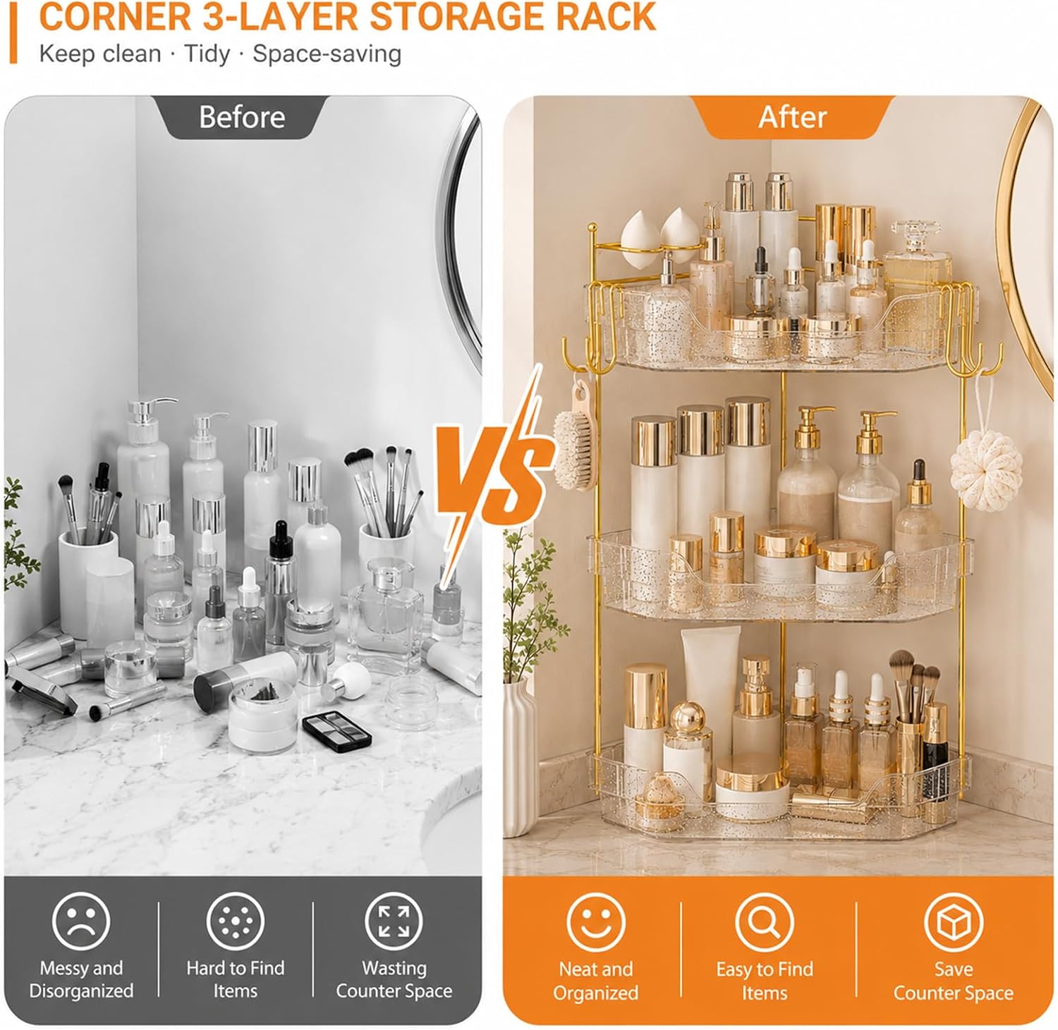 Corner Bathroom Counter Organizer, 3-Tier Makeup Organizer with Brush Holder, Clear Silver Vanity Storage for Skincare, Cosmetics, Perfume & Dresser Countertop
