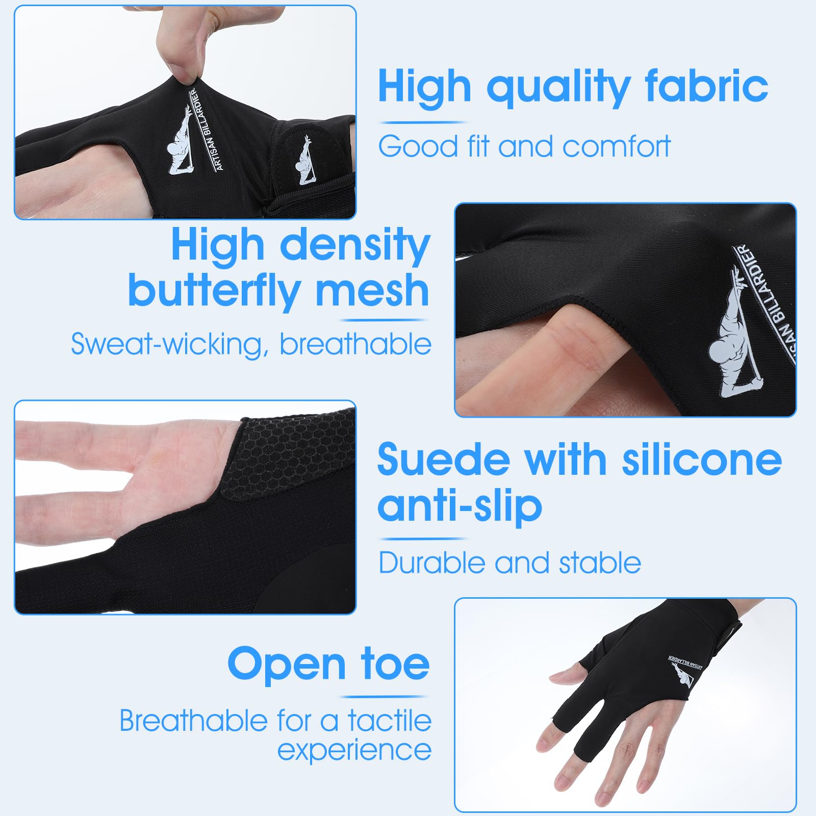 Guantes de billar para mano izquierda, guantes de billar para hombres, proceso de empalme, taco de billar, guantes deportivos, tallas populares, guantes elásticos de 3 dedos, guantes de billar