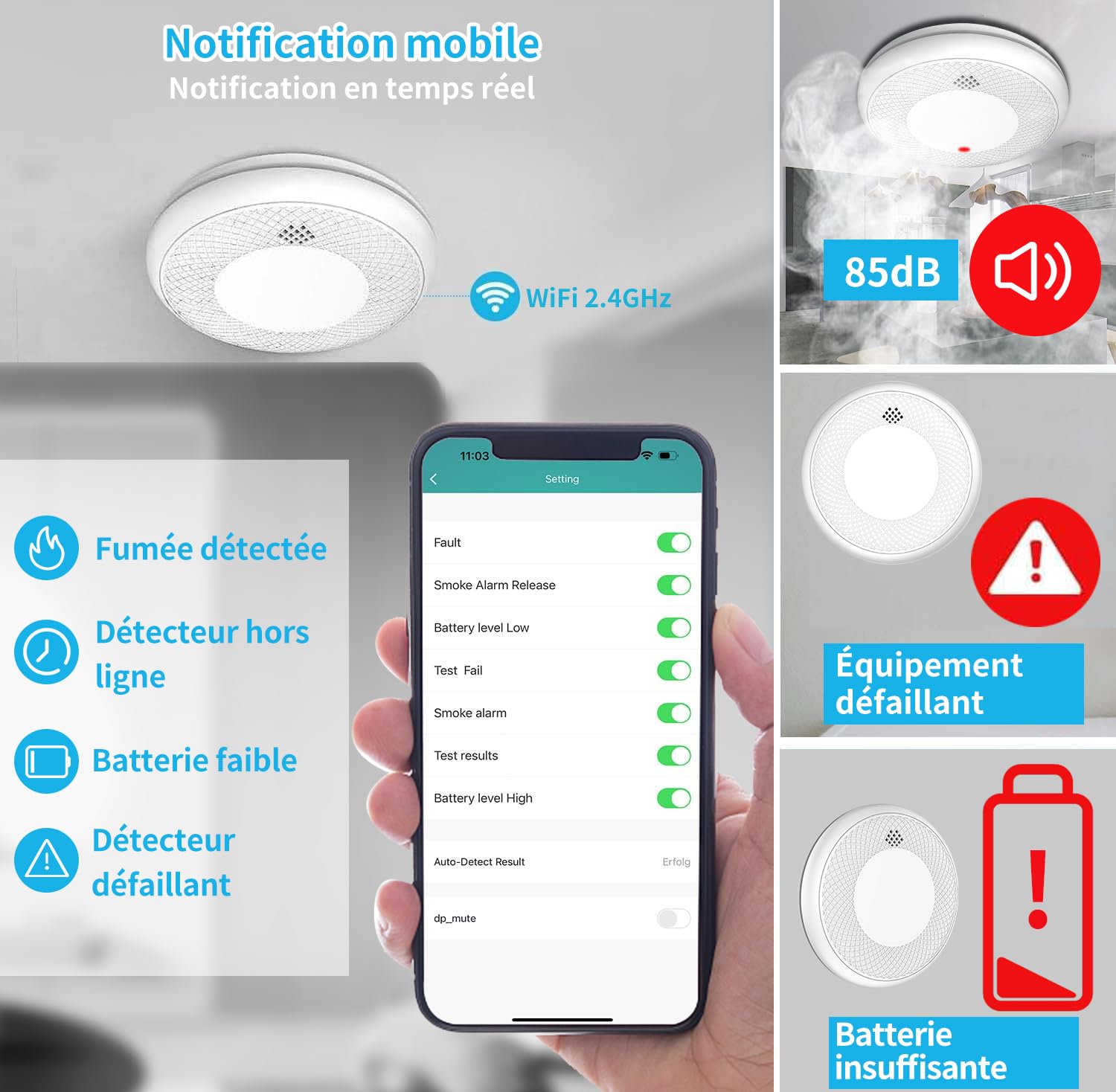 Détecteur de fumée Wi-FI Intelligent, Batterie de 10 Ans avec Notification d'App, Fonction silencieuse et Auto-Test, Conforme à la Norme en 14604 (Compatible avec l'App Tuya/Smart Life)-1 pièces