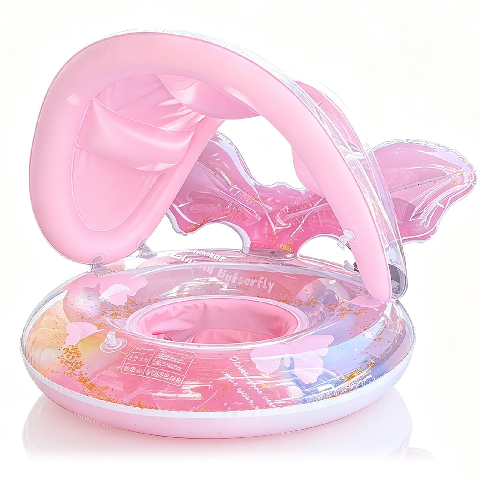 Sequin Pink Mermaid Baby Swimming Float Inflatable Baby Pool Float with Canopy Seat Handle for Baby Girls 6-36 Months,Baby Swimming Ring Kids Rubber Ring Pool Float for Toddlers Infant Girl 1-3 Years