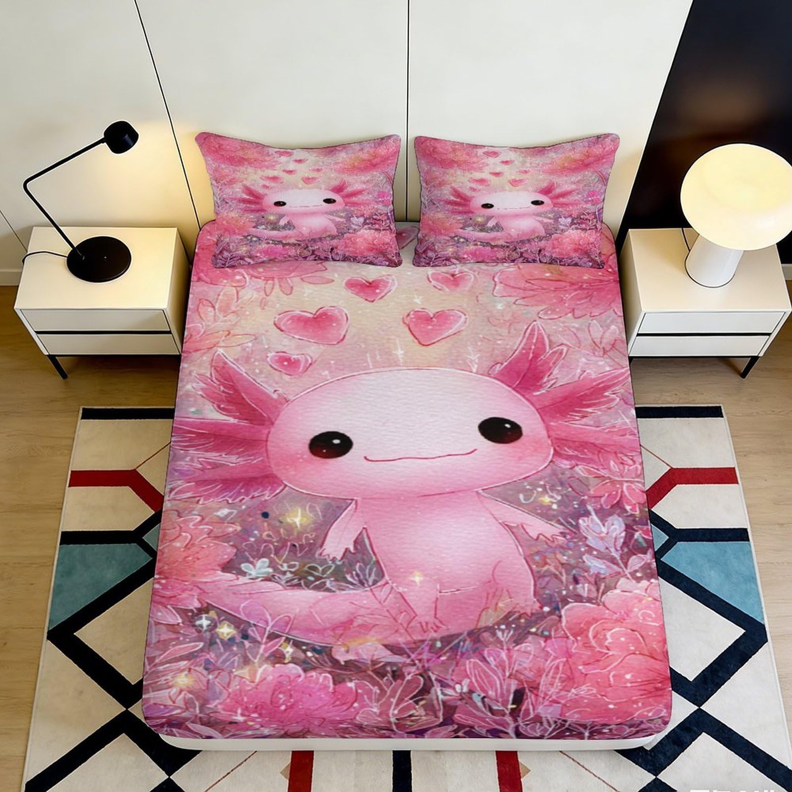 3D Printed Aquatic Animal Fitted Sheet Microfiber Deep Pocket Non-Slip Bedroom Bedding Axolotl Mattress Fitted Cover Washable 200x200x25cm 90x200x25cm