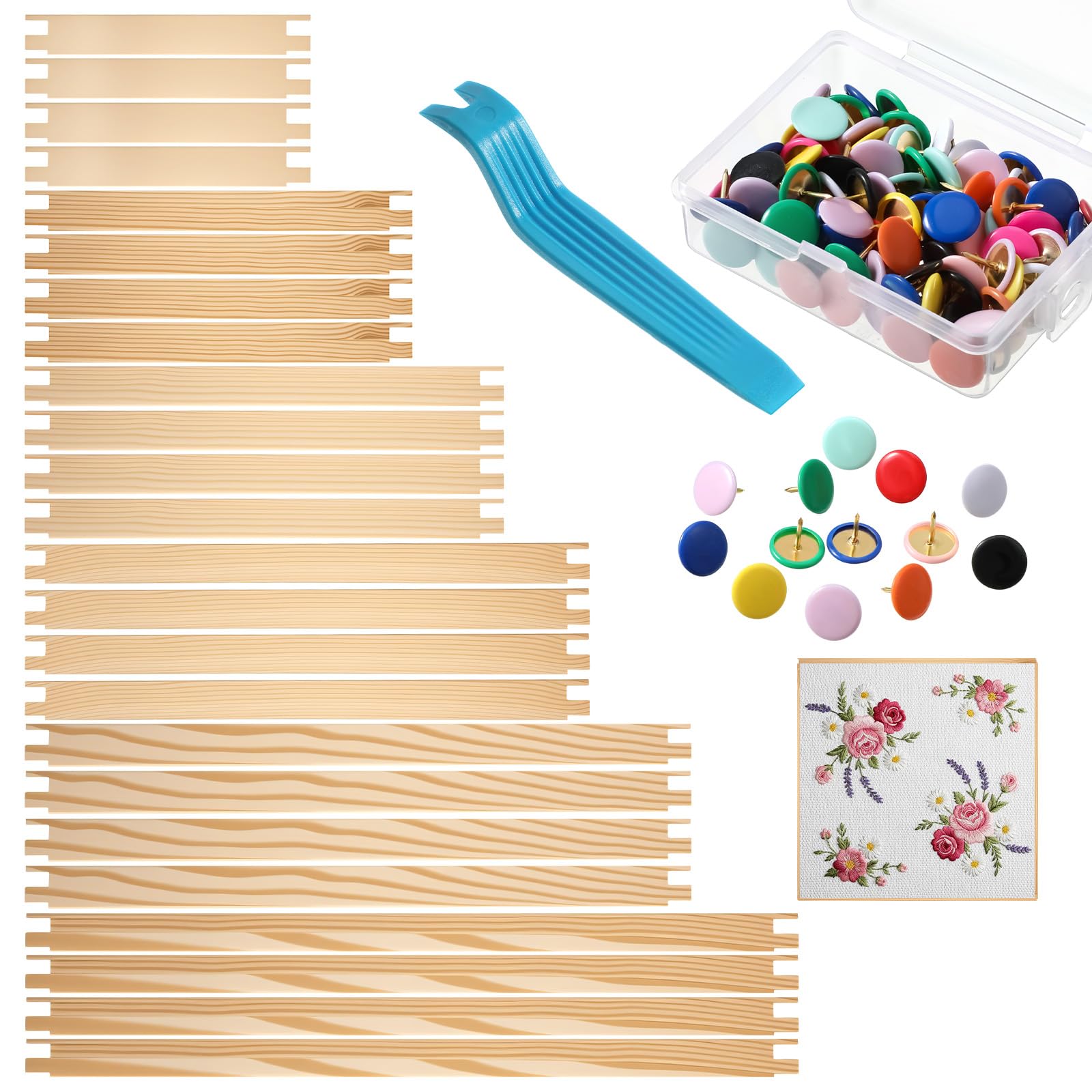 24 Pcs 6 Sets Stretcher Bars for Needlework with 100 Thumb Tacks, 6 Sizes Wooden Canvas Stretcher Bars Embroidery Stitch Frame Set for Birthday Gifts Crafts Needlepoint Creations-image-6