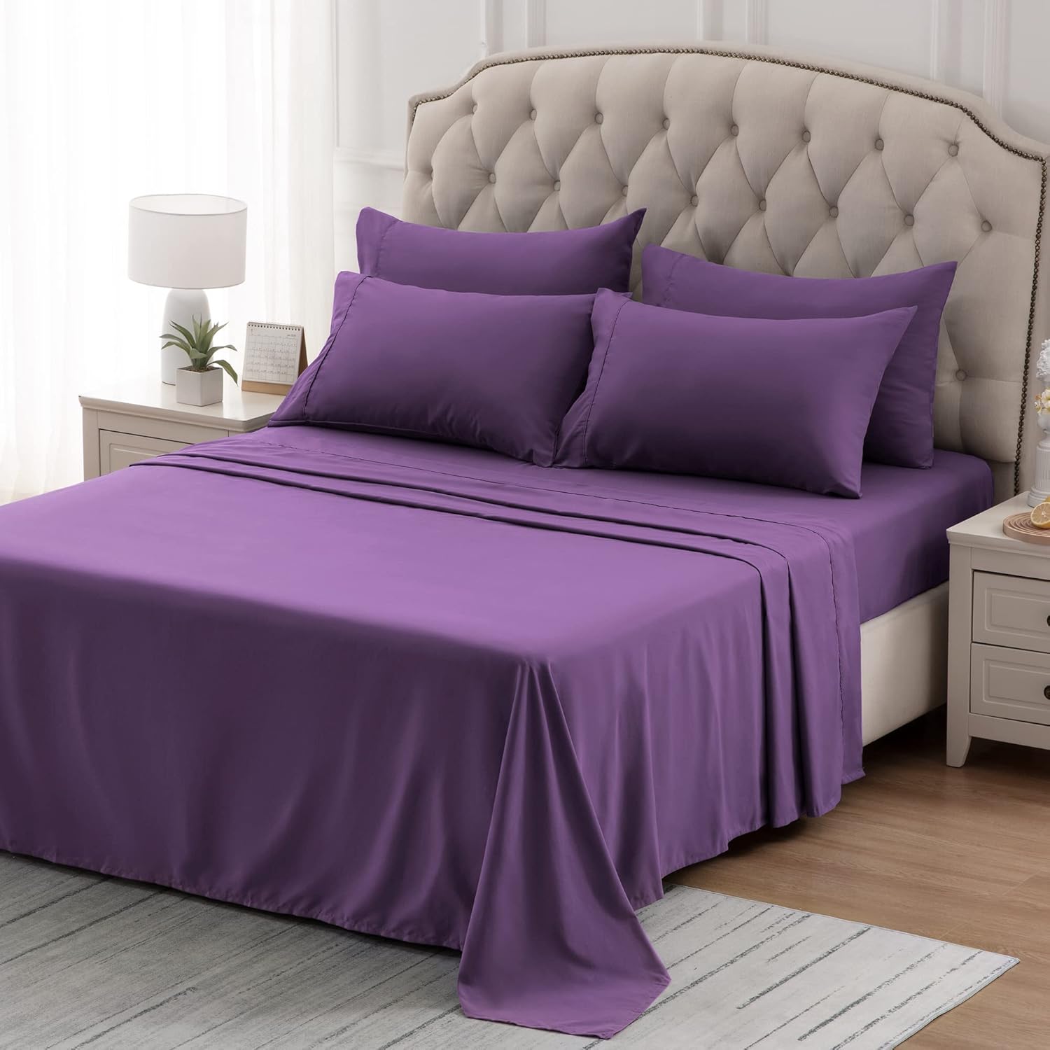 Bed Sheet Set - 100% Cotton 800 Thread Count Super Soft Solid Color - Breathable & Sateen Weave (1 Flat Sheet, 1 Fitted Sheet & 4 Pillowcases) 6 PCs King Size Sheet Set 18" Deep Pocket, Purple