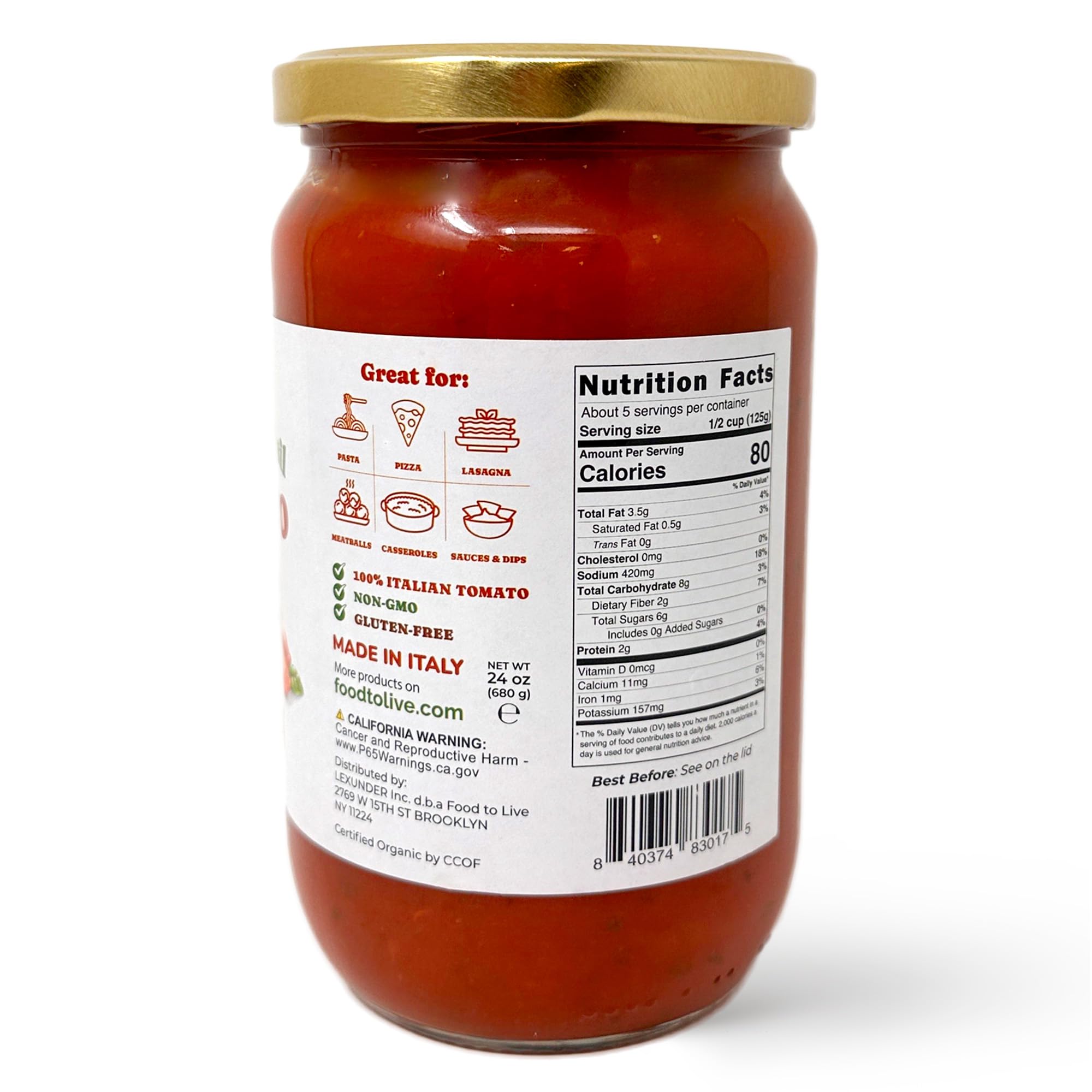 Food To Live Organic Basil Tomato Sauce, 24oz (680g) – Authentic Italian Pasta Sauce, No Added Sugar, Non-GMO, Vegan (Pack of 2)
