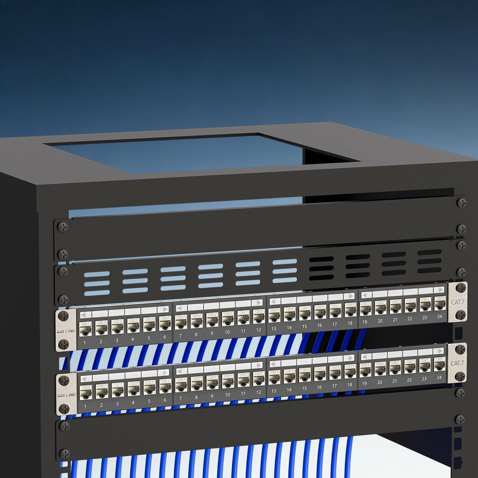 iwillink Set di pannelli patch CAT7 a 24 porte | montaggio a rack 1U 19" | 24 moduli Keystone RJ45 | 10 Gbps 600 MHz | nero