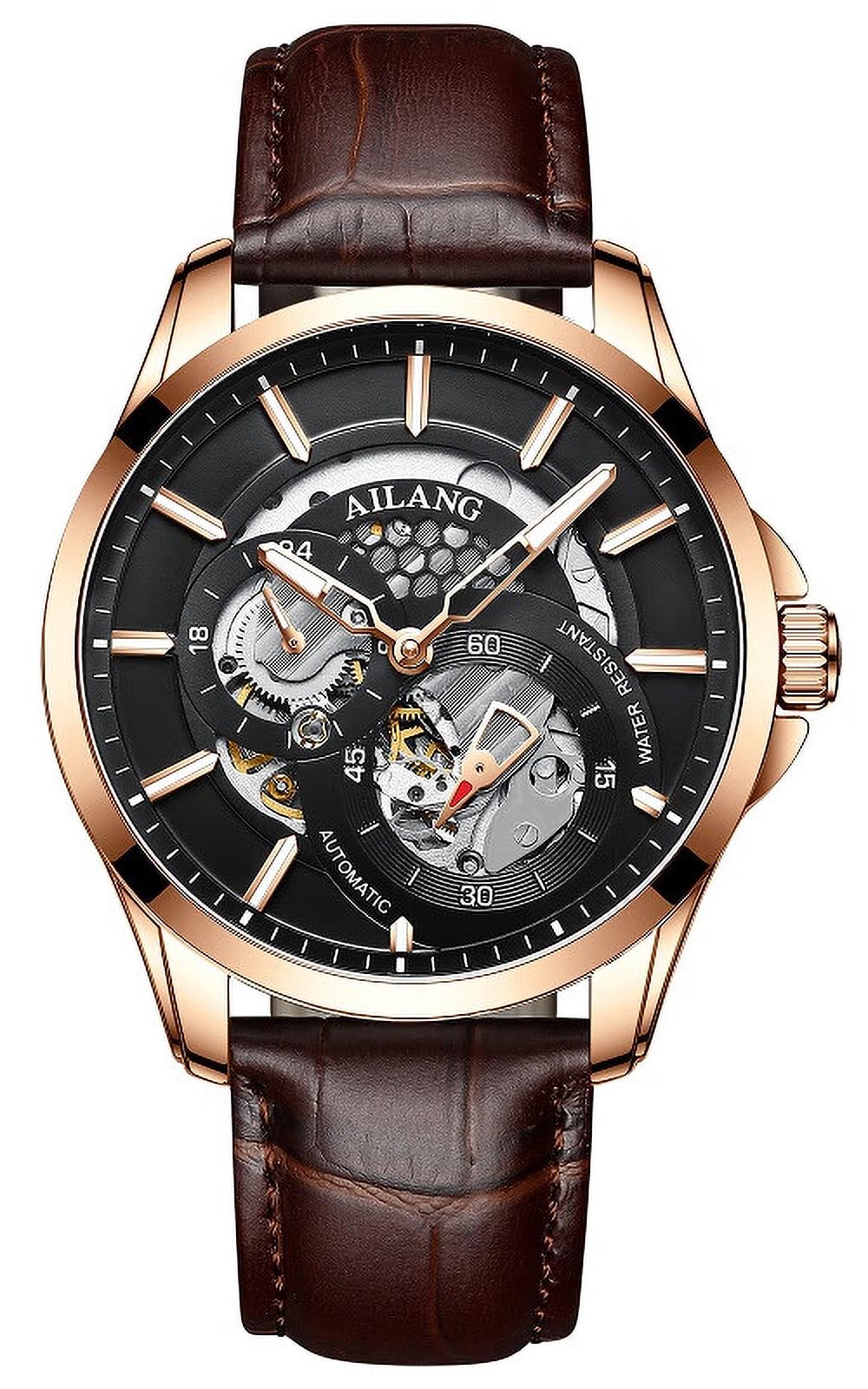 Men's Watch Automatic Skeleton Ailang Series Wristwatch with Leather Band