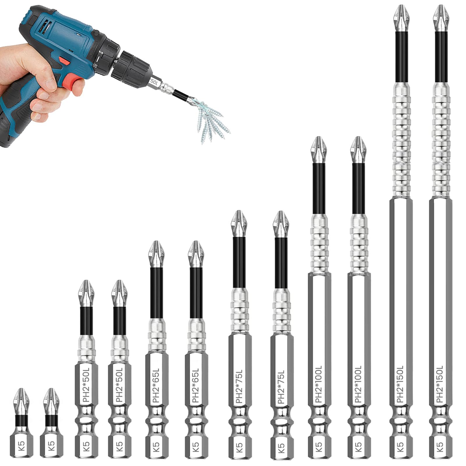 12 PCS High Magnetic Screwdriver Bits Set, Anti Slip Screwdriver Bits, Fixion Screwdriver Bitss Durable Drill Bit Sets Contain 25 50 65 70 75 90 100 120 150mm