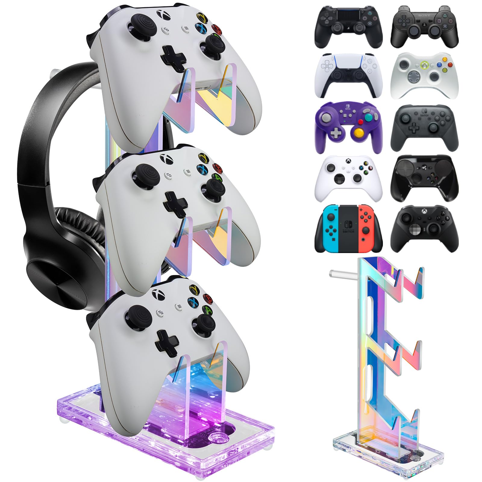 NiHome Iridescent Acrylic Multi-Tier Game Controller & Headset Holder Stand with Customizable LED Lighting, USB-Powered 7 Colors & 3 Modes, Anti-Slip Gaming Desk Organizer & Cable Management (3 Tiers)