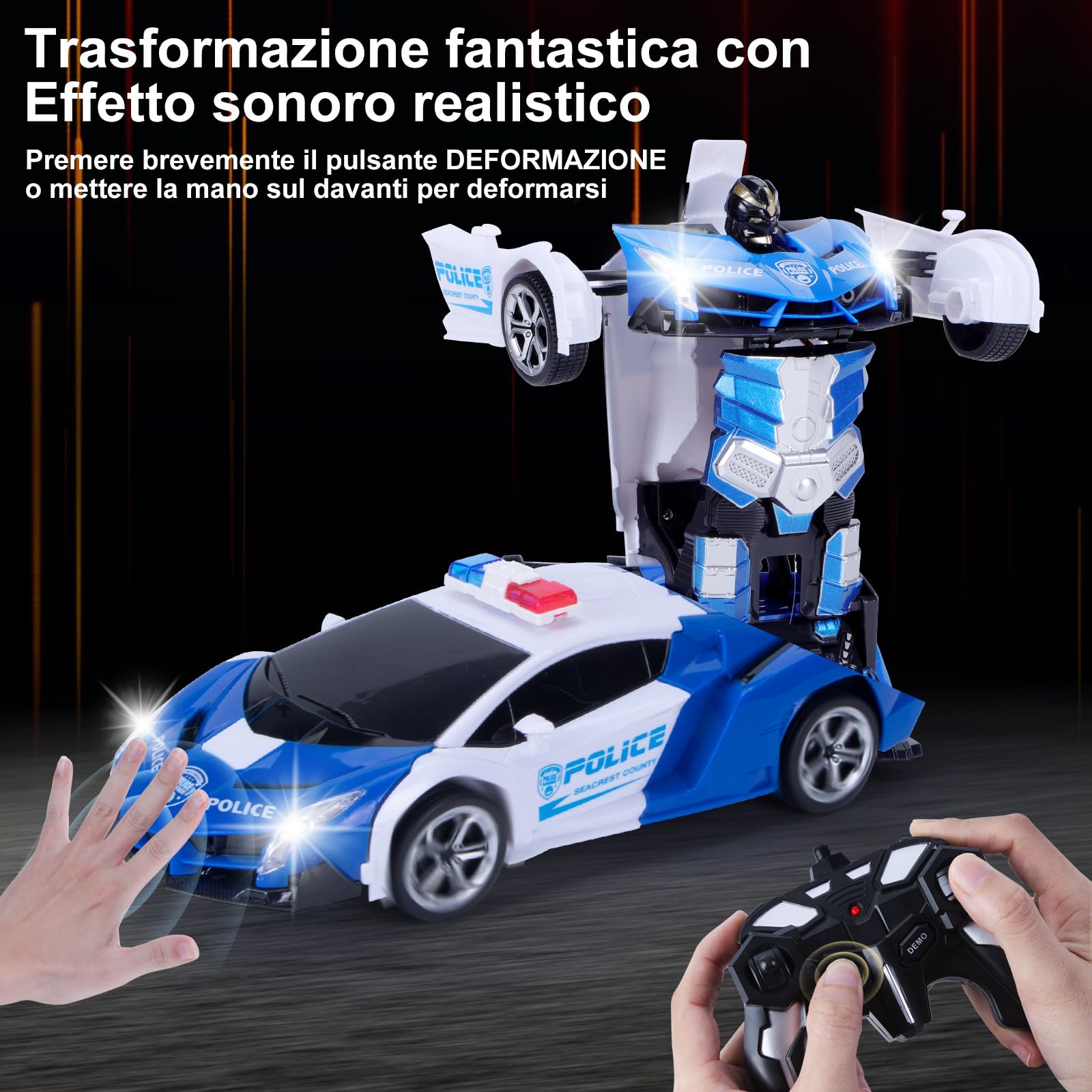 Yellcetoy Polizia Macchina Telecomandata Transform Giocattoli, Auto Robot con Gesti della Mano Sening Luce lampeggiante Musica ed Effetto Sonoro, 2,4G RC Car con Batterie Regalo per Ragazzi 3-10 Anni