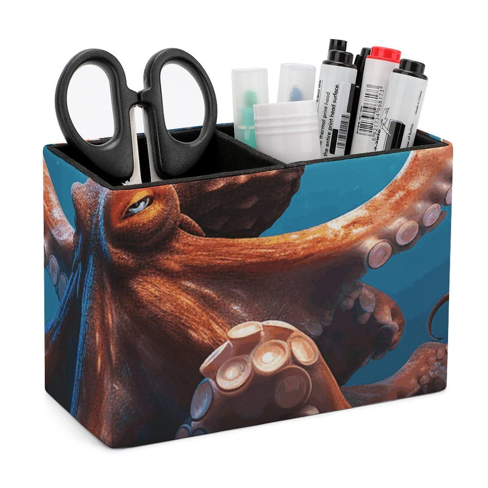 LZQPOEAS Exquisite Patterns PU Leather Pen Holder, Multifunctional Desktop Organizer Caddy with 2 Compartments, Ocean Animal Octopus Pencil Cup Makeup Brush Holder for Office Home