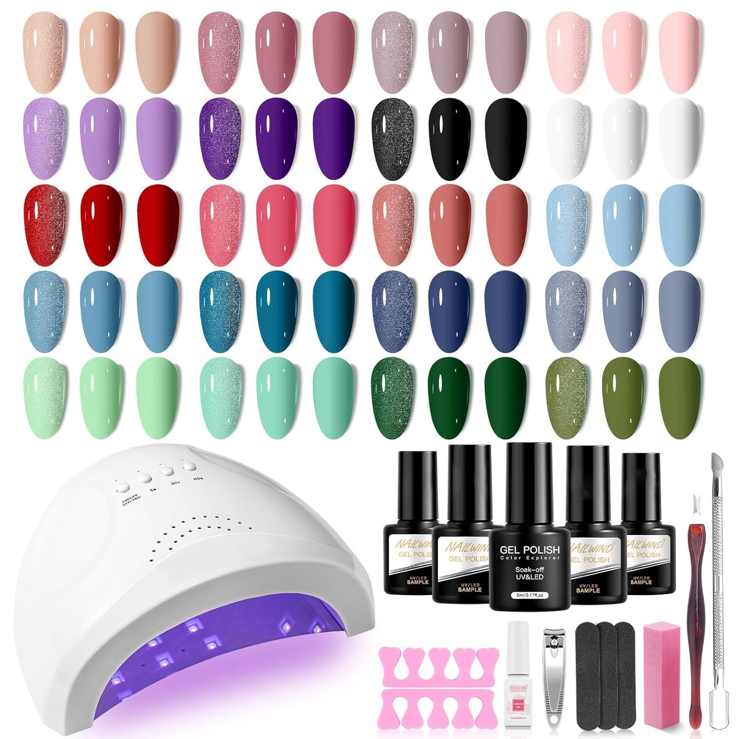 NAILWIND Kit Uñas Semipermanentes con 48W Lámpara, 20 Colores Mini Nude Violet Blanc Rouge Bleu Vert UV LED Esmaltes Semipermanentes Kit Completo