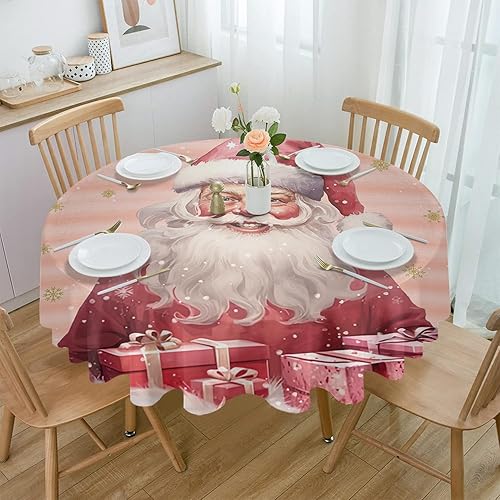 Miniatura 1 de Pink Santa Christmas Round Tablecloth 54 Inch - Waterproof Fabric Table Cloth Protector, Xmas Tree Gifts Winter Snowflake Tablecloths Washable Table