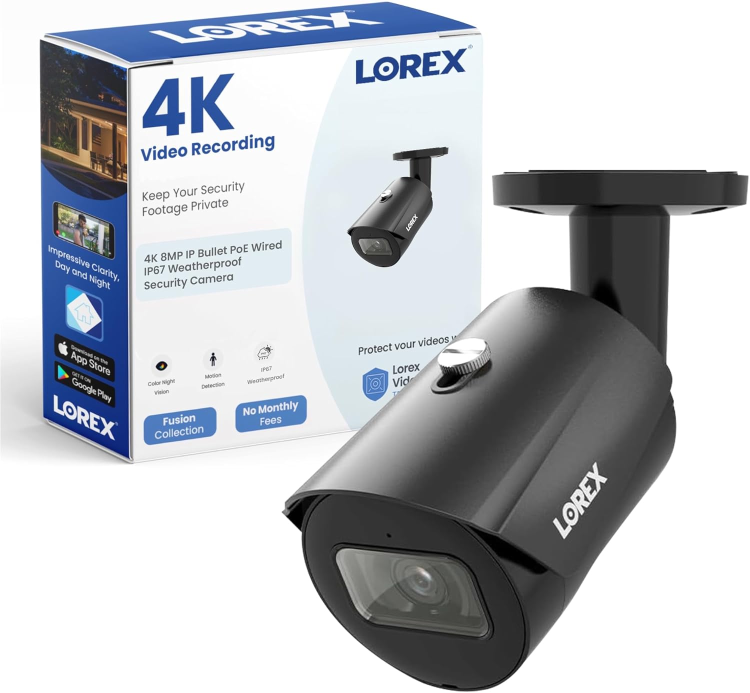 Lorex 4K 8MP IP Bullet PoE Wired Security Camera – Indoor/Outdoor IP67 Weatherproof, Color Night Vision, Long-Range IR, Smart Motion Detection (Person/Vehicle) & Listen-in Audio