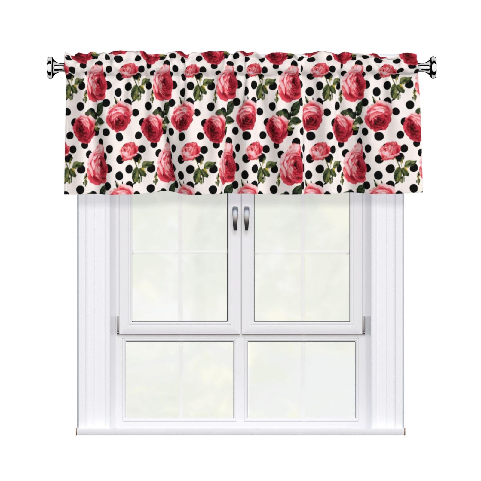 Woshuwo Red Roses Black Polka Dots Valances For Windows Rod Pocket Window Treatment Short Curtains For Kitchen Living Room Bedroom Decor 54x18in