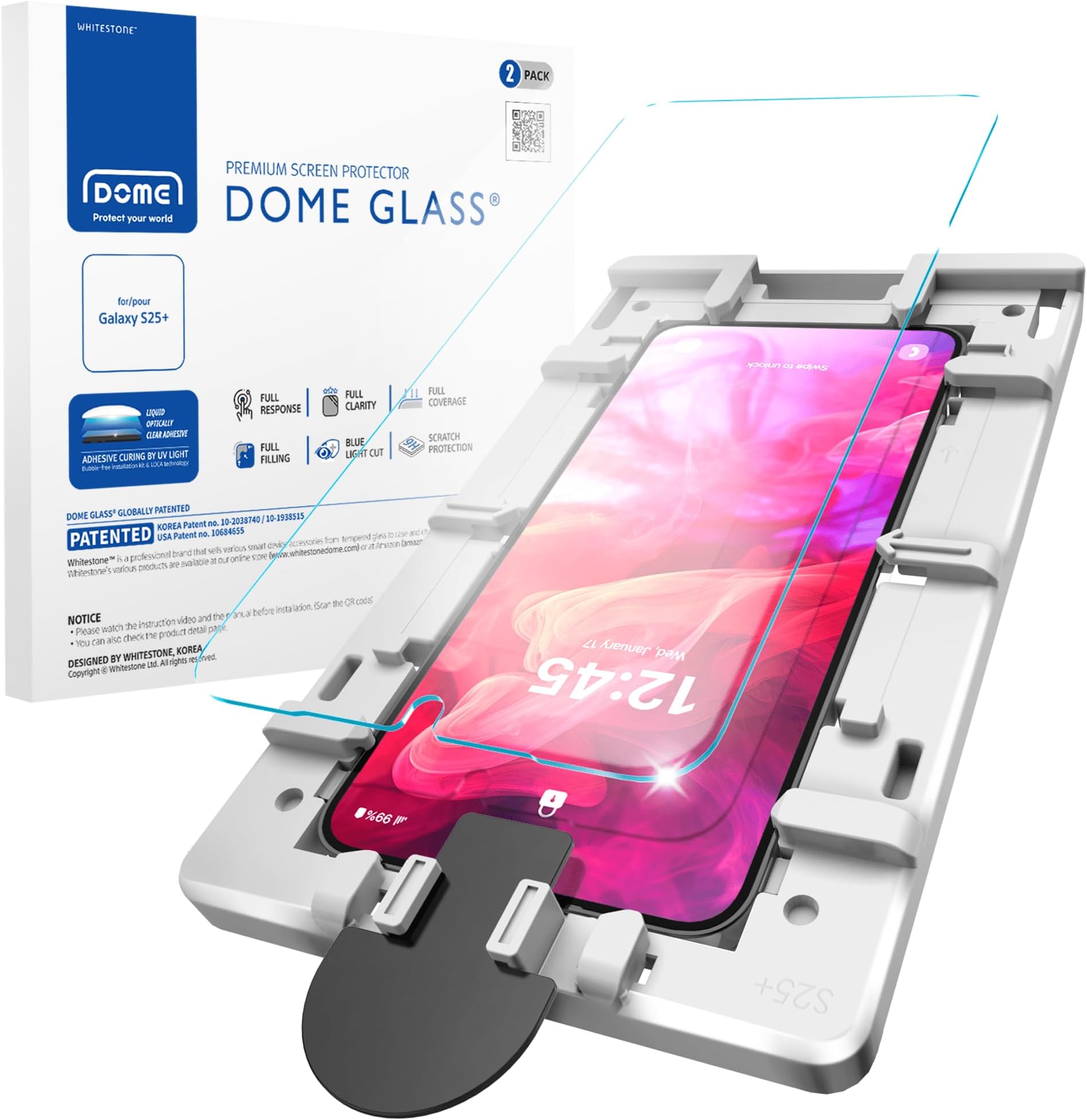 DOME GLASS Whitestone for Samsung Galaxy S25 Plus [Perfect Full Coverage] Tempered Glass Screen Protector with a technical patent [2Pack]