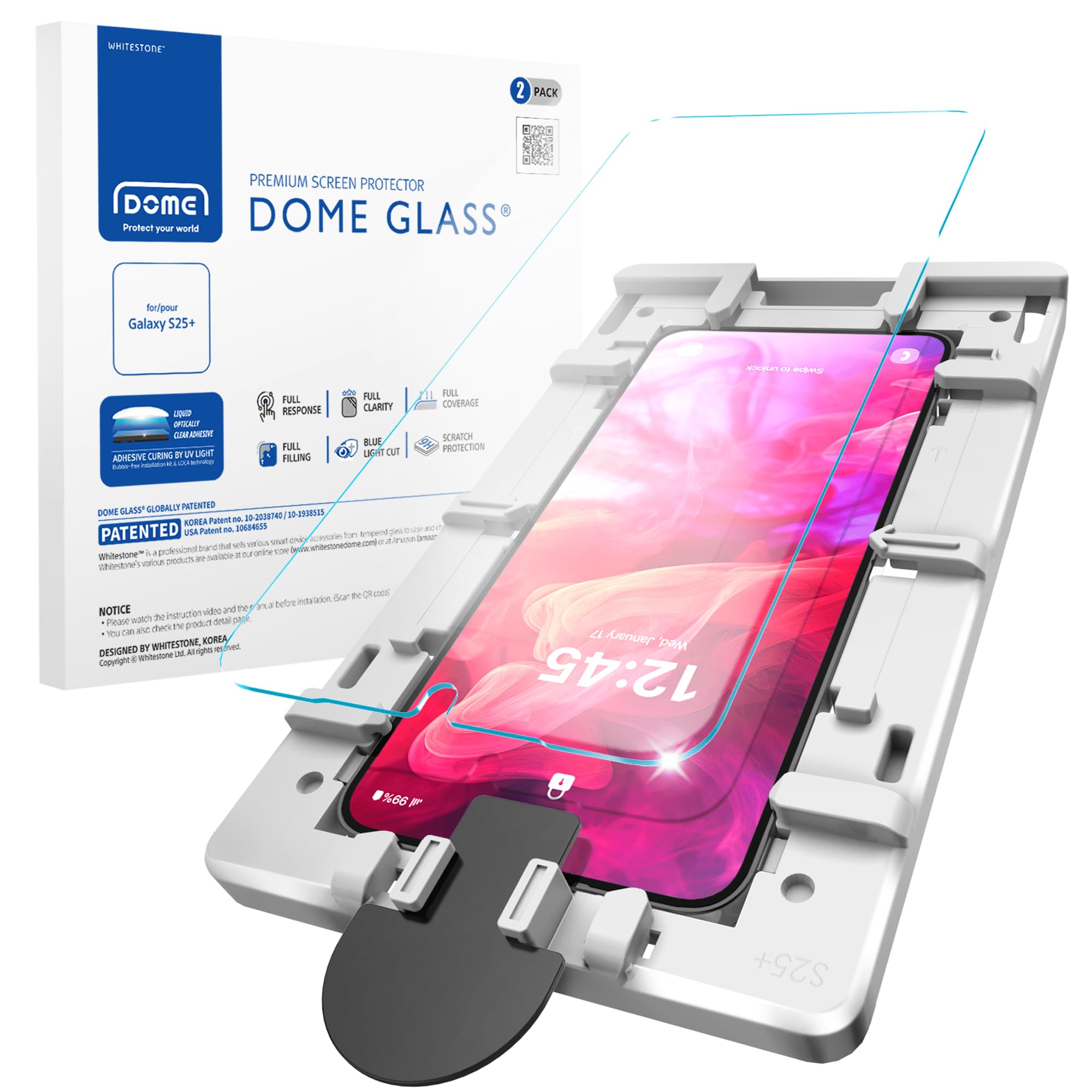 DOME GLASSWhitestone for Samsung Galaxy S25 Plus [Perfect Full Coverage] Tempered Glass Screen Protector with a technical patent [2Pack]