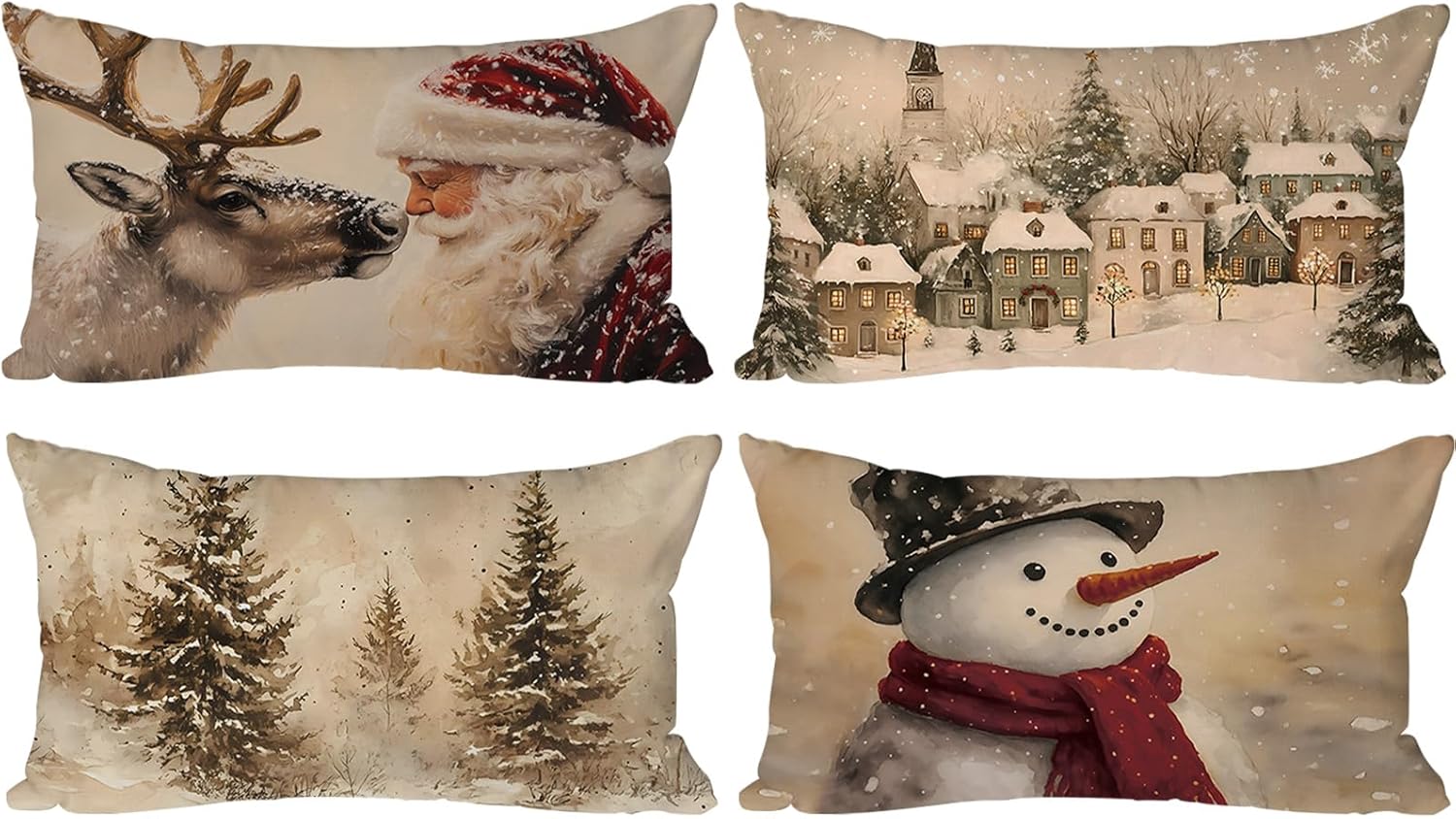 Lanpn 26x26 Christmas Throw Pillow Covers Set of 4, Snowman Santa Reindeer Vintage Christmas Pillow Cover Pillowcase Xmas Holiday Decorative Pillow case for Home Sofa Couch Living Room Decor