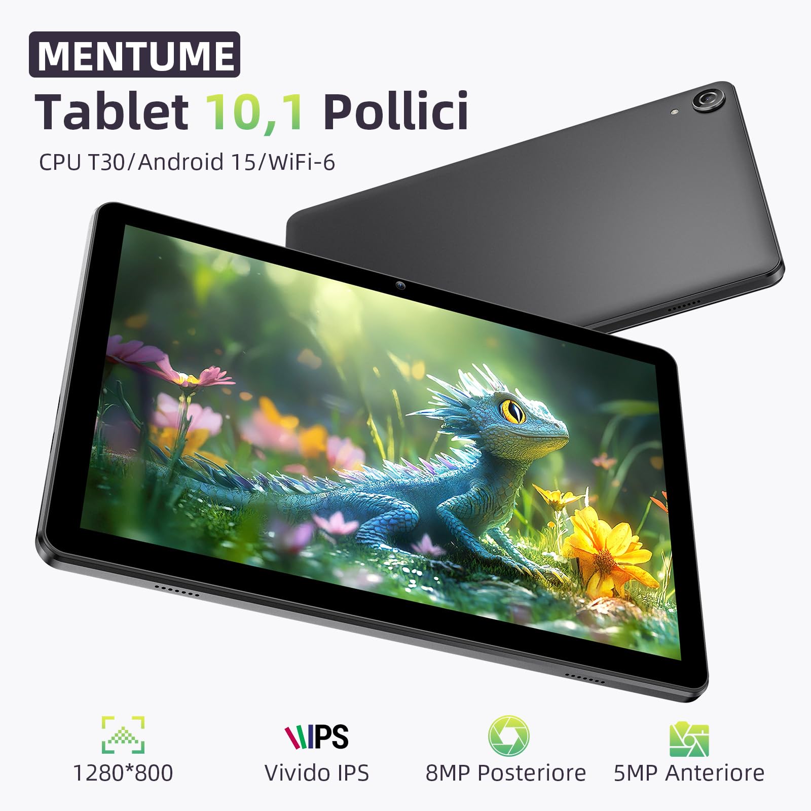 Tablet 10 Pollici, Tablet Android 15 con Cover, Unisoc T30 Quad-Core, 18 GB RAM + 128 GB ROM + 1 TB TF, Display HD IPS 1280x800, Fotocamera Doppia 5MP + 8MP, 6000 mAh, WiFi 6, BT 5.0, GPS (K70)