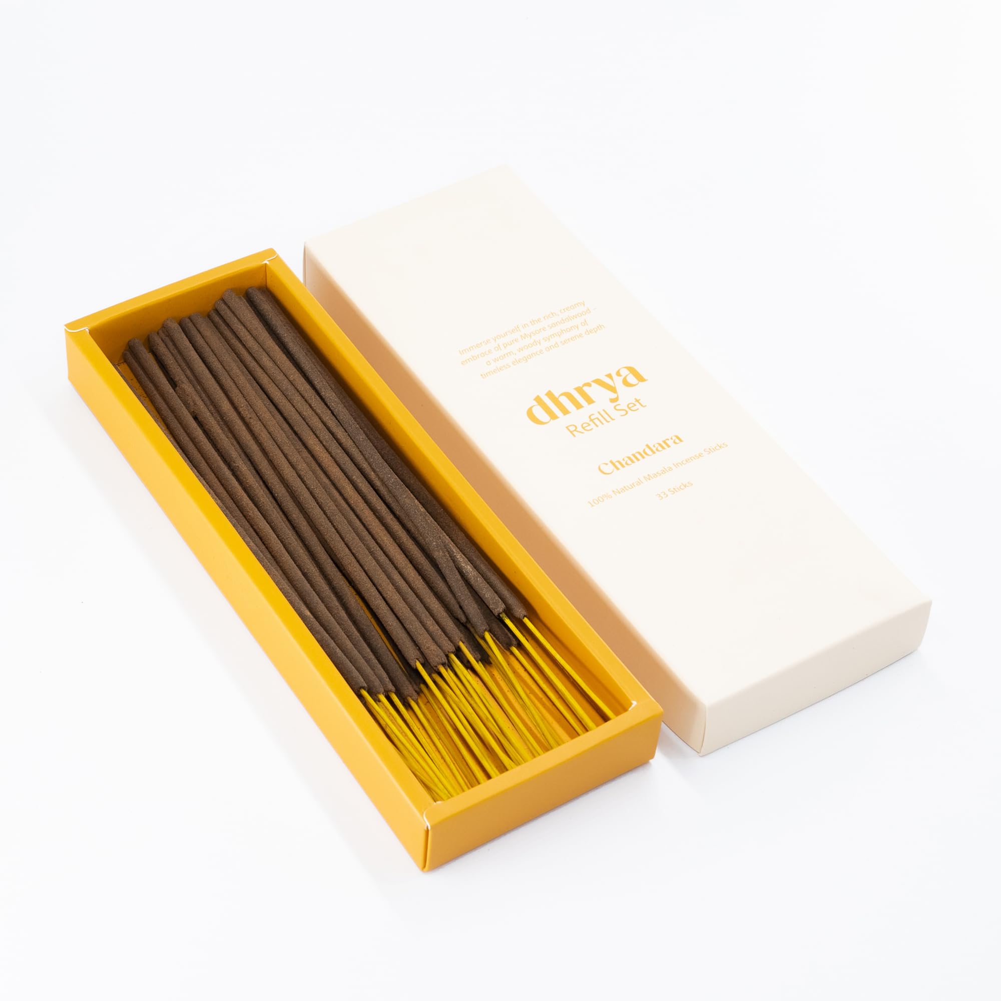 Dhrya Yellow Chandara Sandalwood Luxury Incense Stick Refills – Hand-Made Natural Masala Incense, Organic, Charcoal-Free (33 Refill Sticks Only)