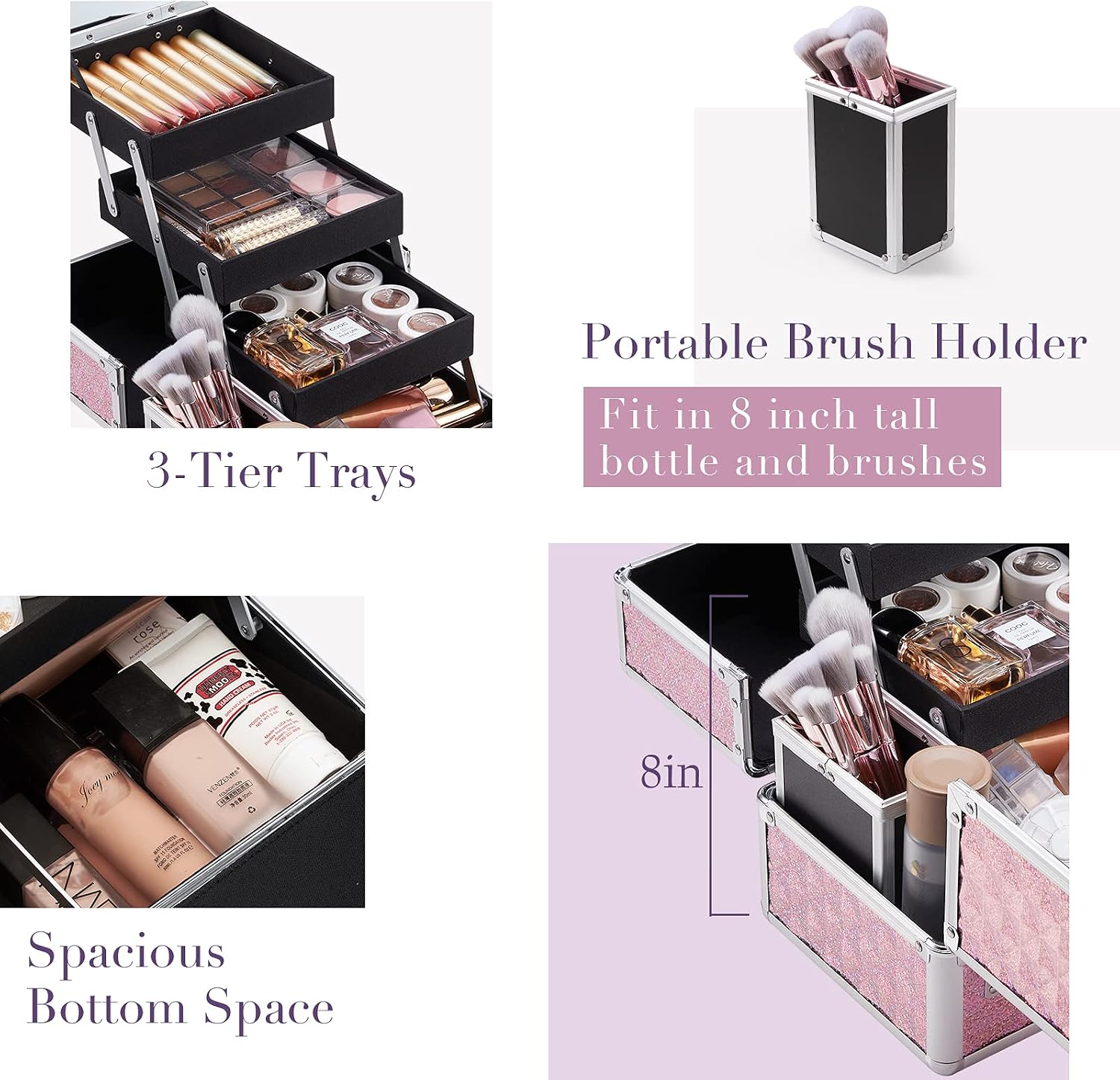 Costravio Makeup Box Train Case Organizer with Mirror & Brush Holder Cosmetics Organizer for Make up with 3-Tier Tackle Trays Pink Glitter Style