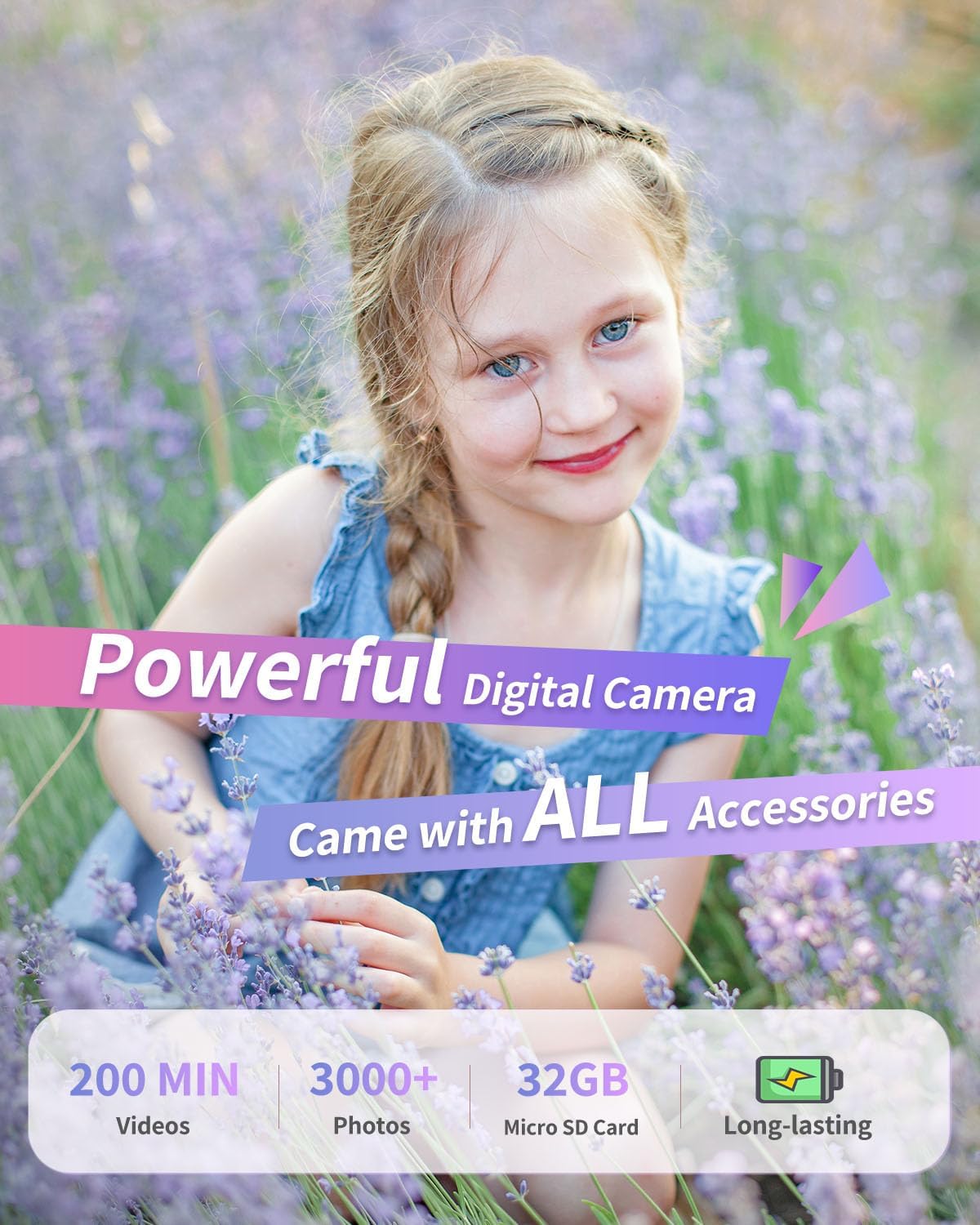 Lecran Digital Camera and its included accessories: 32GB SD card, two batteries, lanyard, and camera bag.