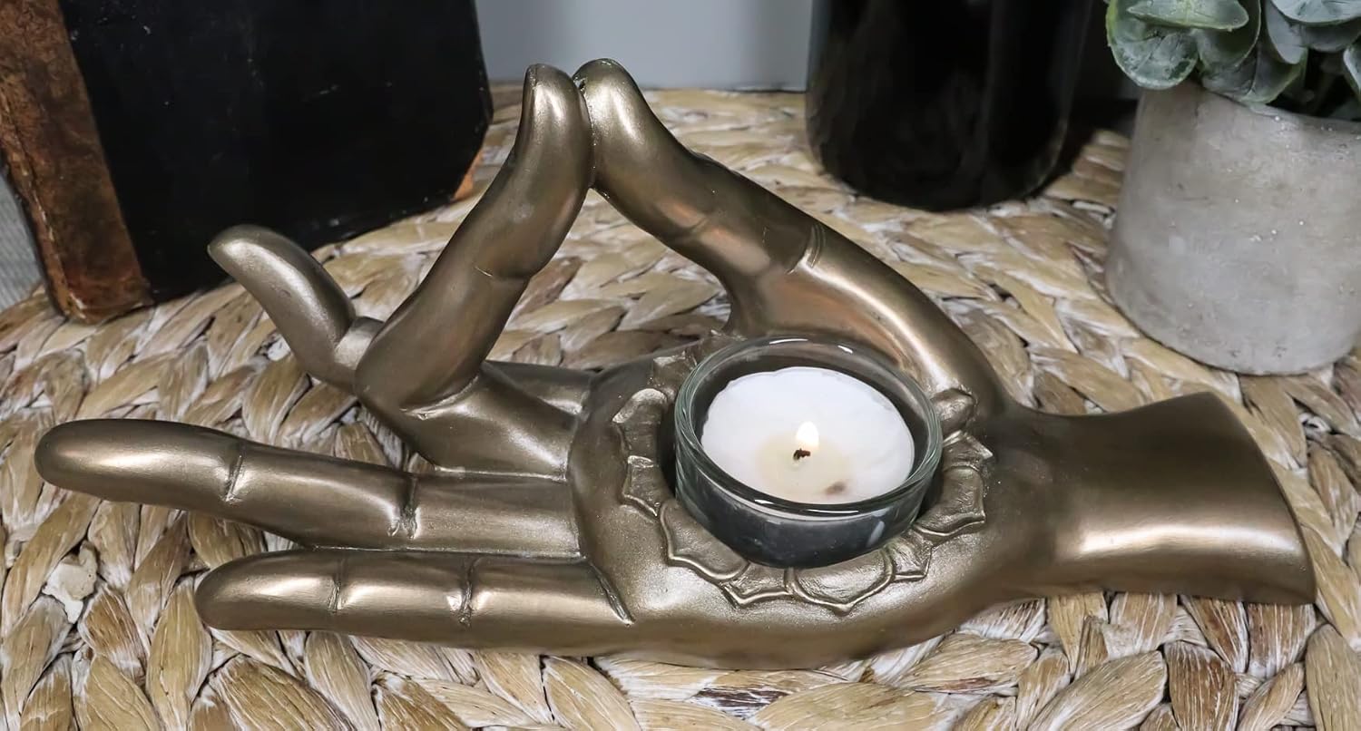 Ebros Yoga Shunya Mudra Buddha Palm Votive Tea Light Candle Holder Figurine 9.25" Long Cosmic Energy Meditation Hand Mudras Votive Candleholder Zen Feng Shui Altar Tabletop Accent