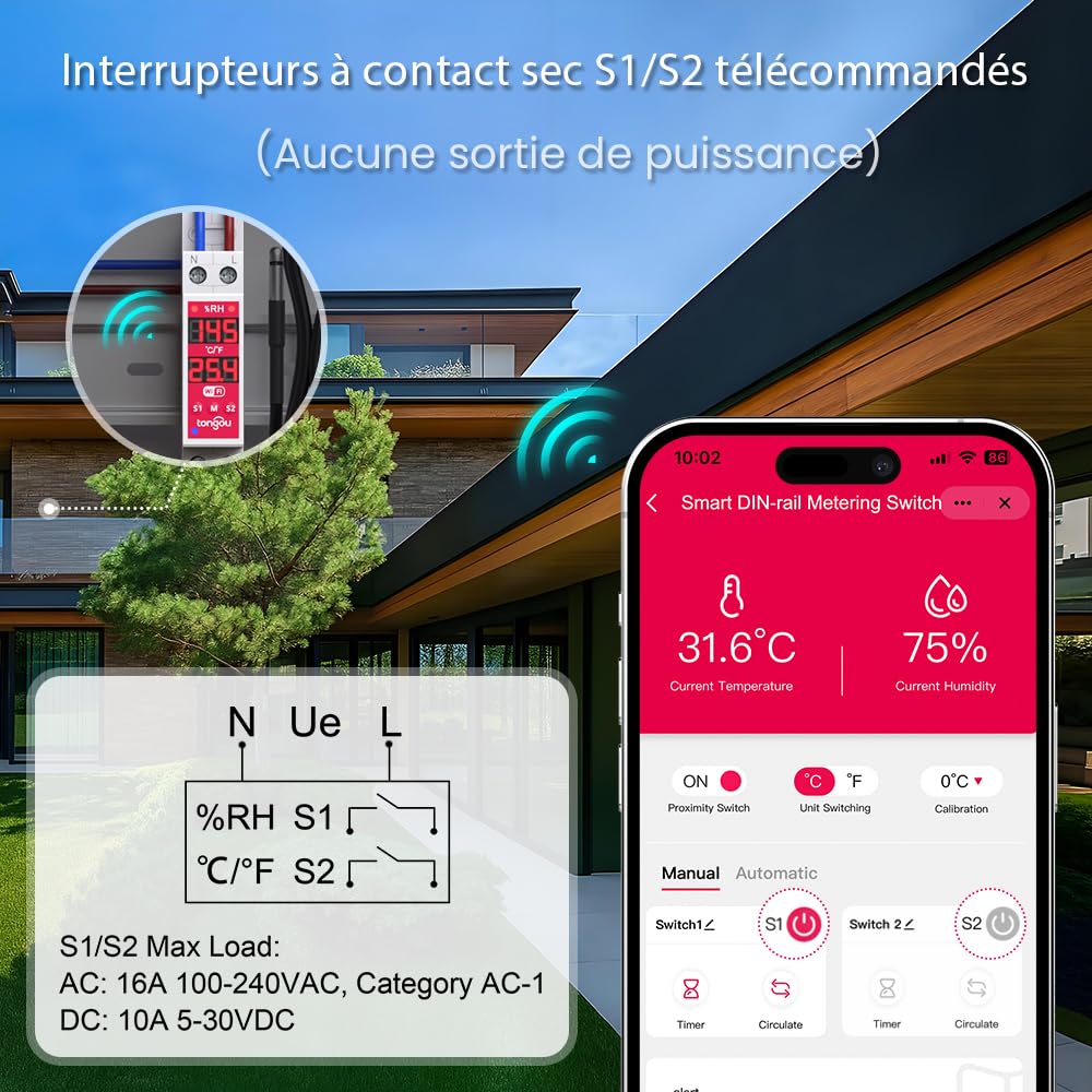 TONGOU to-Q-VTH Contrôleur de température avec sonde,WiFi Thermostat Interrupteur Connecté 16A Smart Switch Dry Contact