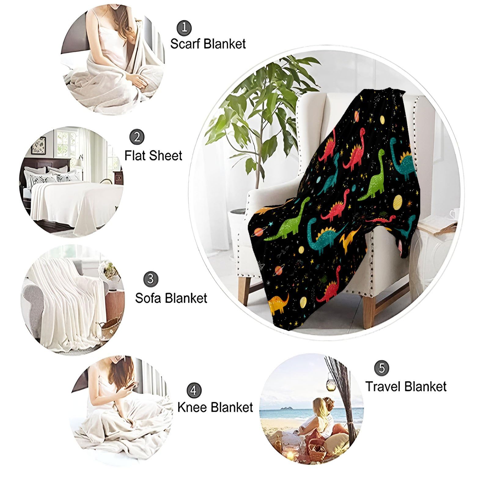 Cartoon Weltraum Kuscheldecke Dinosaurier Sterne Planeten Decke Tagesdecke Wohndecke Schwarz, Couchdecke Weich Warm Flauschig, Sofa Decke für Reisen Zelten Outdoor, 150 x 200 cm