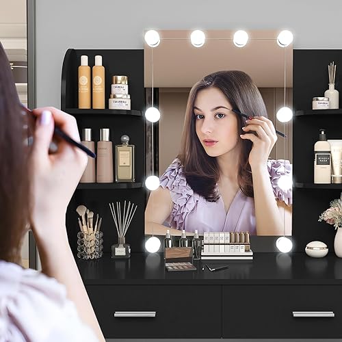 Miniatura 15 de usikey Juego de tocador grande con espejo iluminado y estación de carga, tocador de maquillaje con 4 estantes de almacenamiento y 4 cajones, 43.5"W