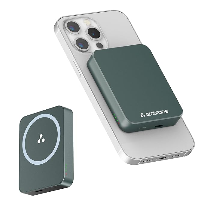 Ambrane 5000mAh Mini MagSafe Wireless Power Bank | 15W Fast Charging | Strong Magnetic Hold | Ultra-Slim | 20W Wired Charging | Compatible with iPhone 15, 14, 13, 12 Series (Aerosync PB5, Green)
