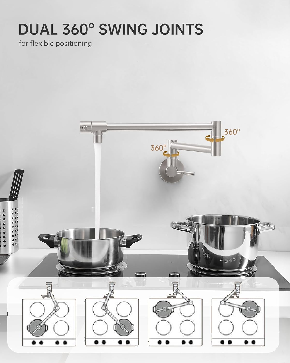 Fransiton Brushed Nickel Pot Filler, Pot Filler Faucet Wall Mount, Brass Folding Stretchable with Double Joint Swing Arm Single Hole Two Handles Kitchen Restaurant - Image 4