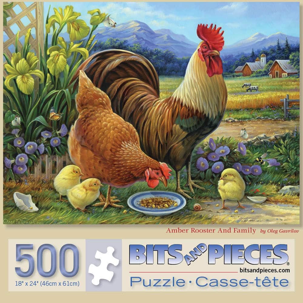 Bits and Pieces – 500 Piece Jigsaw Puzzle for Adults – Amber Rooster and Family - Hen Chicks Lunch Farm Country Flower Barn Jigsaw Puzzle by Artist Oleg Gavrilov, Completed Puzzle Size: 18" x 24"