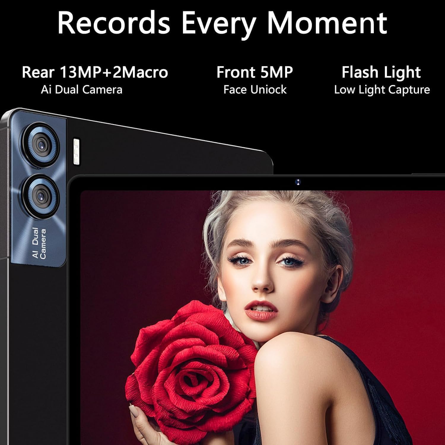 Tablet camera features with rear 13MP+2Macro and front 5MP Face Unlock