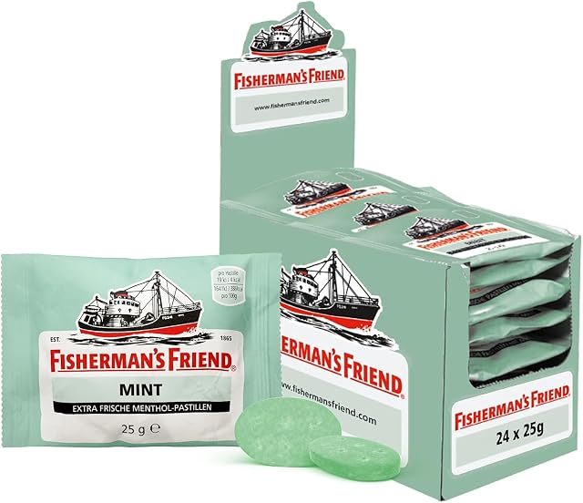 Fisherman's Friend Mint, 24er Vorratsbox, Pfefferminze und Menthol Geschmack, mit Zucker & vegan, Bonbons für frischen Atem, 24 x 25g