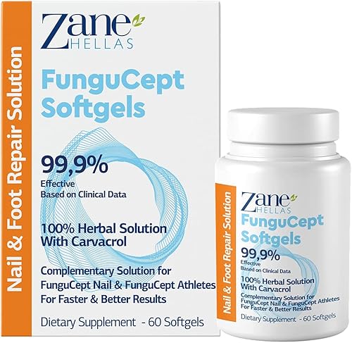 Zane Hellas FunguCept Softgels. para resultados más rápidos y mejores. Cápsulas blandas de apoyo para uñas FunguCept y FunguCept Athlete. 60