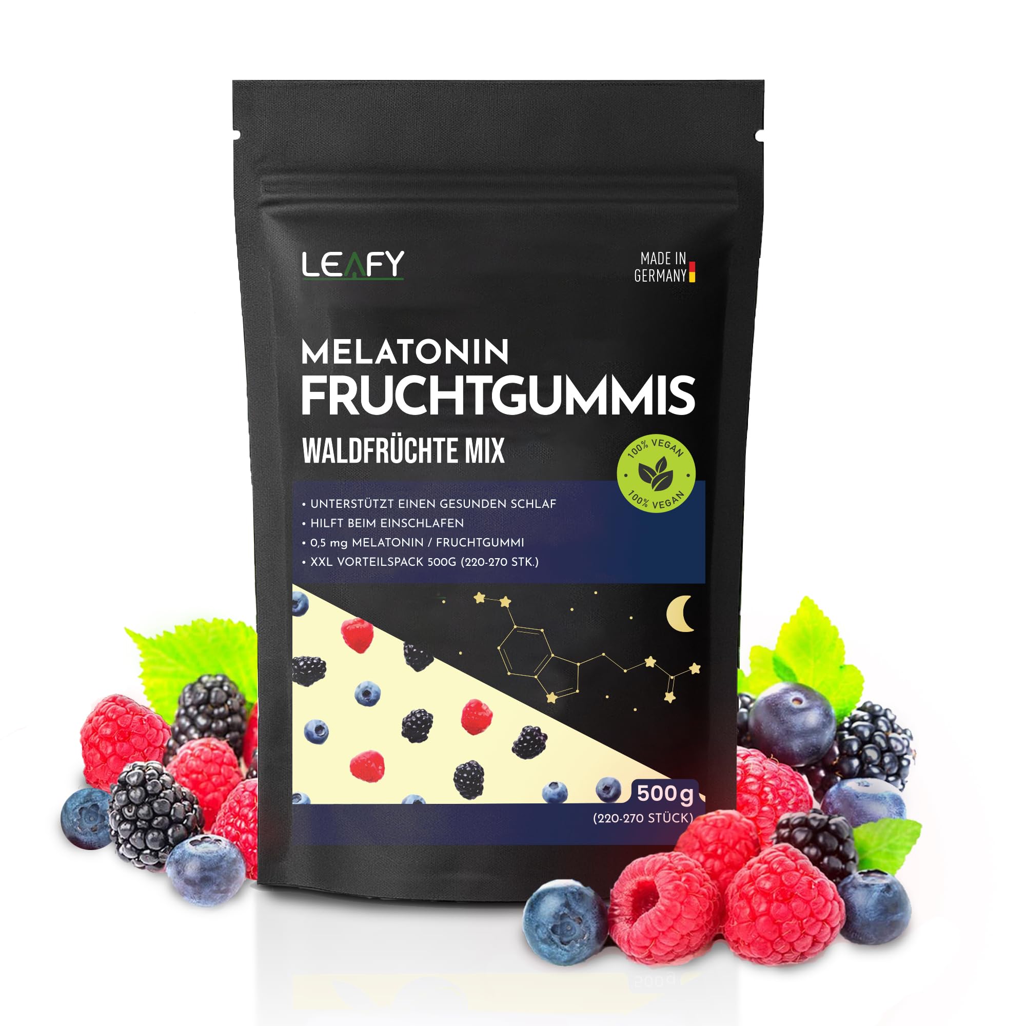 Melatonin Fruchtgummis | Hochdosiert| XXL Packung 220-270 Stk. 500g | Leckerer Waldfrüchtemx -Made in Germany