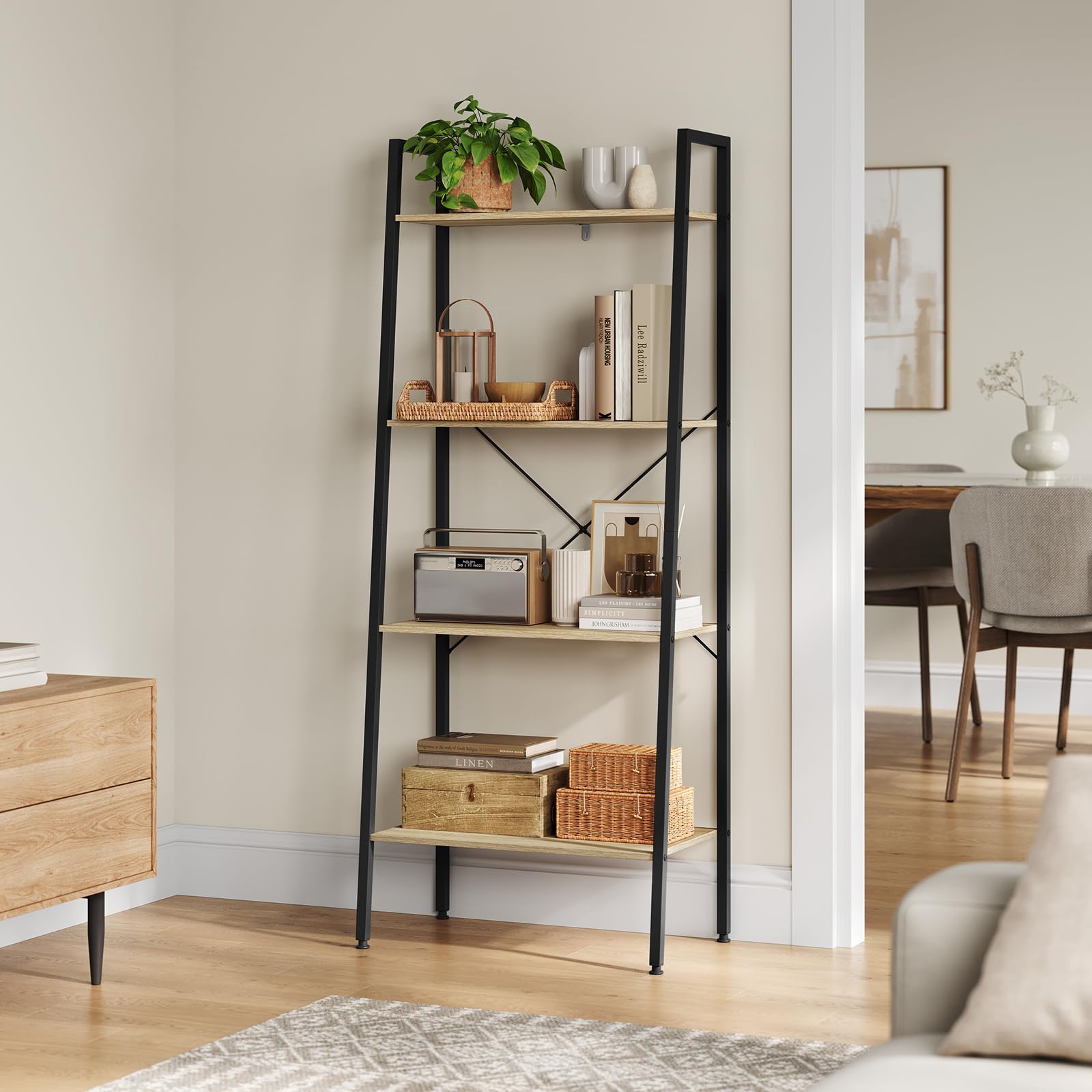 WOLTU Estantería Multiusos Moderna de 4 Niveles Librería para Sala de Esta Escalera de Flores Blanco + Roble Claro RGB9283whe
