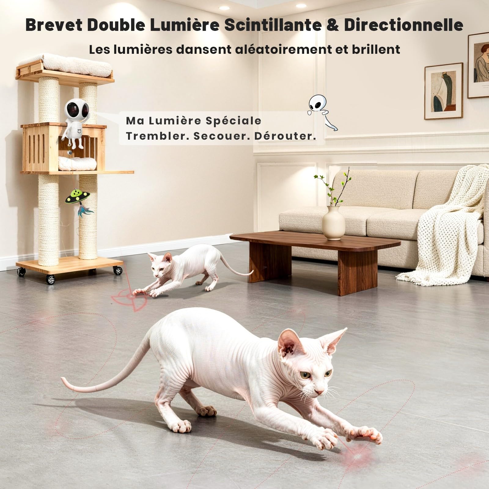 GoldenSun Jouet interactif 2 en 1 automatique avec double projection et pendentif OVNI pour chat d'appartement, activé par le mouvement, rechargeable, 4 modes de jeu, fixation par pince, blanc