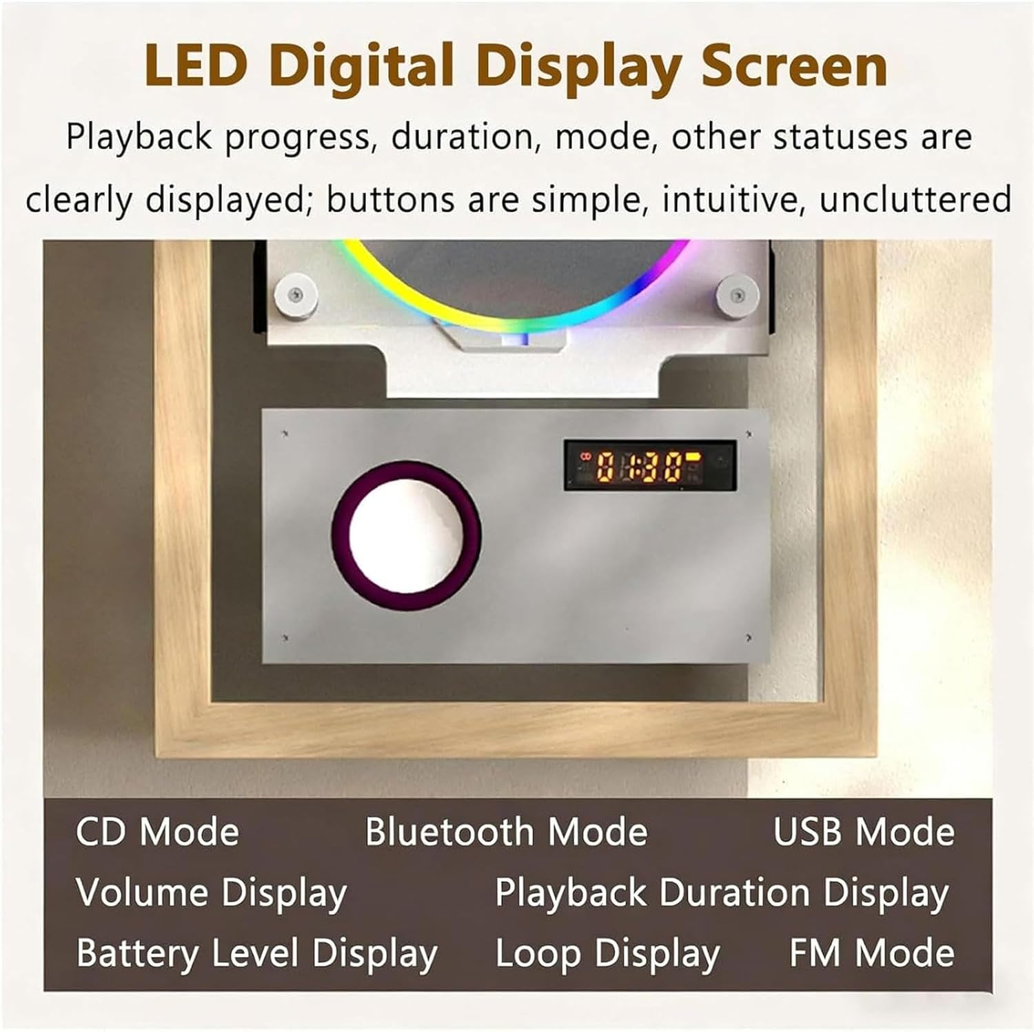 Wall Mountable Music Frame CD Player, Music Decorative Photo Frame, Two-Way 5.1 Bluetooth/USB/AUX Output, W/Remote Control/Speakers/6 Lighting,Natural