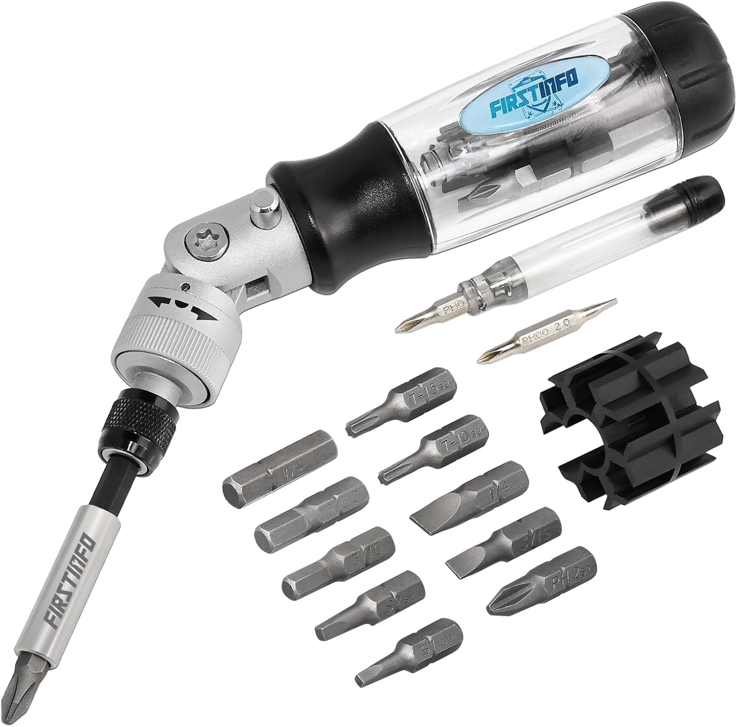 FIRSTINFO 14 pc 5-Way High Torque Steel Balls Buckles Transparent Ratchet Screwdriver Including the bits for repairing watches and glasses