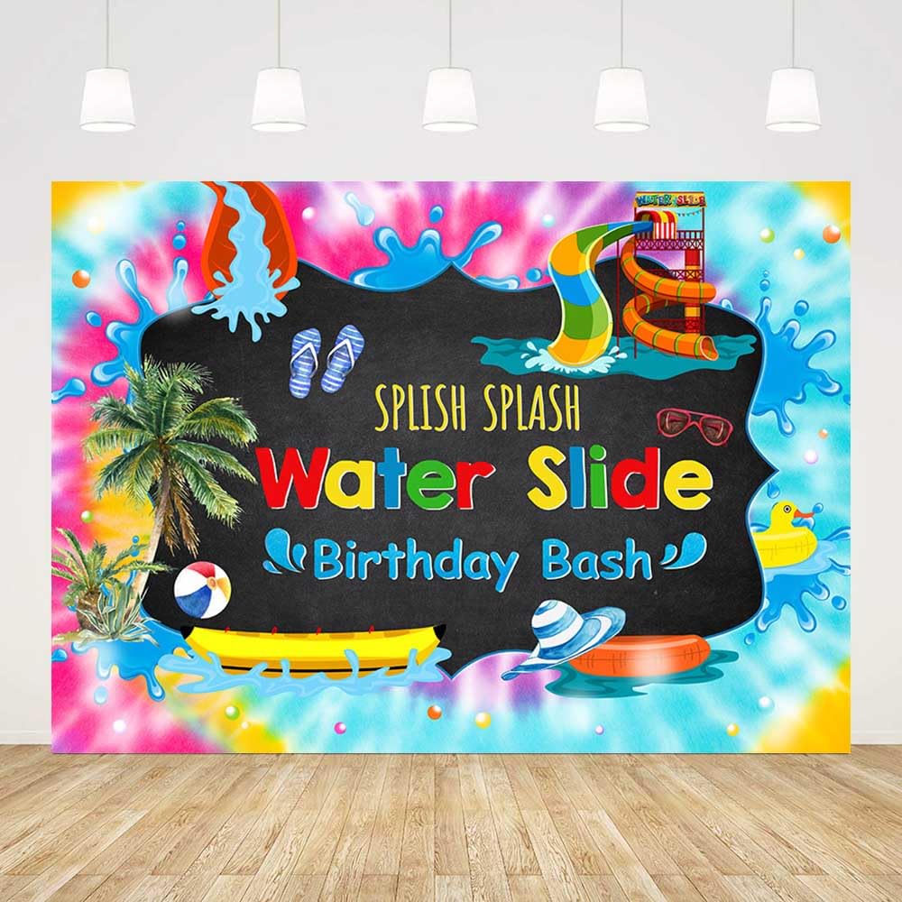 AIBIIN 7x5ft Water Slide Birthday Bash Backdrop Kids Swimming Pool Tie Dye Birthday Party Decorations Summer Splish Splash Pool Party Decorations