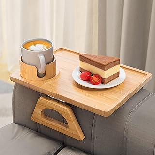 Sofa Arm Tray, Bamboo Couch Arm Table with Couch Cup Holder, Foldable Armrest Tray Clip on Wide Couches for Eating, Drinks, Snacks, Remote, No Installation (Natural)