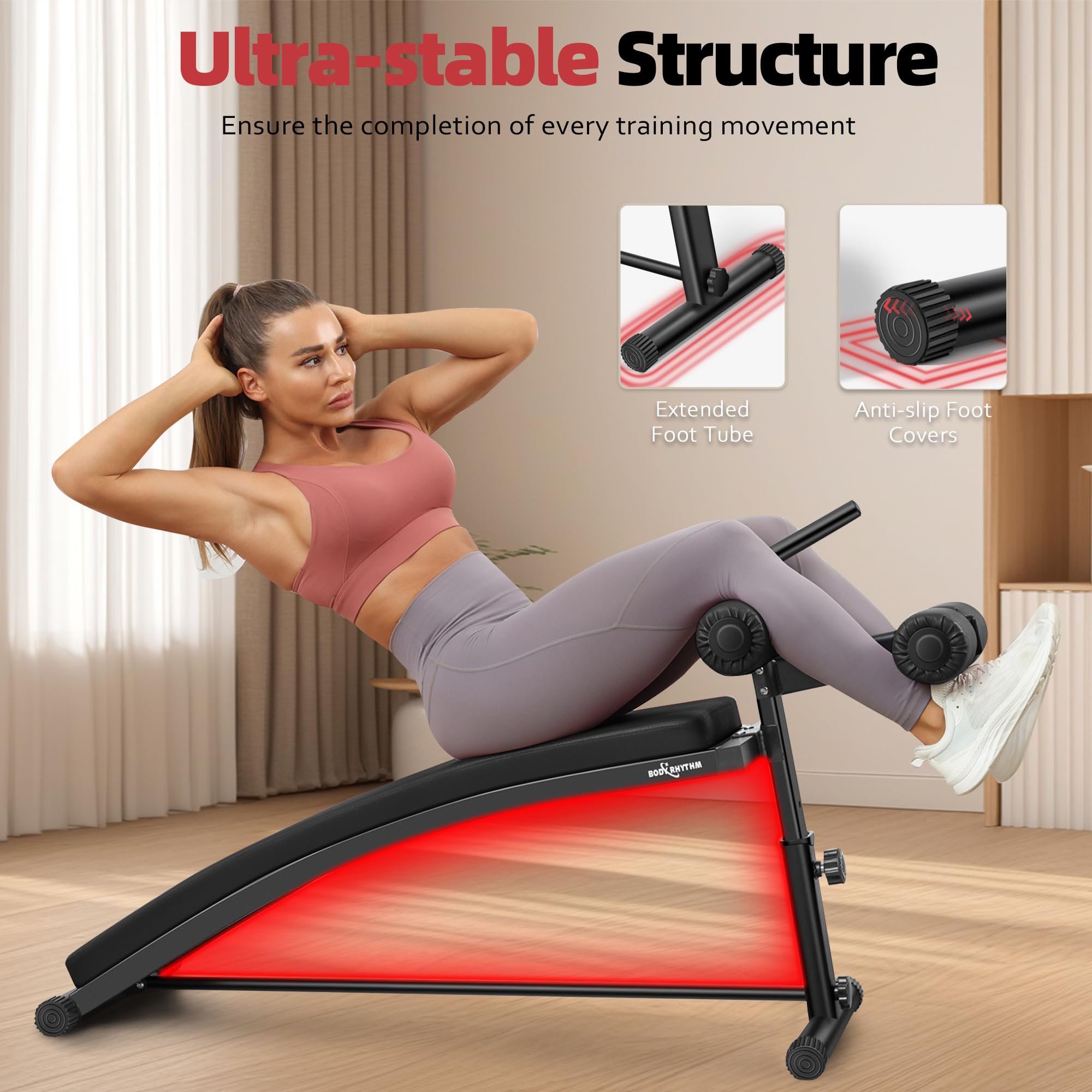 Sit Up Bench with 4 Adjustable Heights and Reverse Crunch Handle, Curved Ab Workout Bench for Home Gym, Adjustable Weight Bench for Core Workouts and Decline Bench Press, Suitable for Individuals Up to 5.9ft Tall.