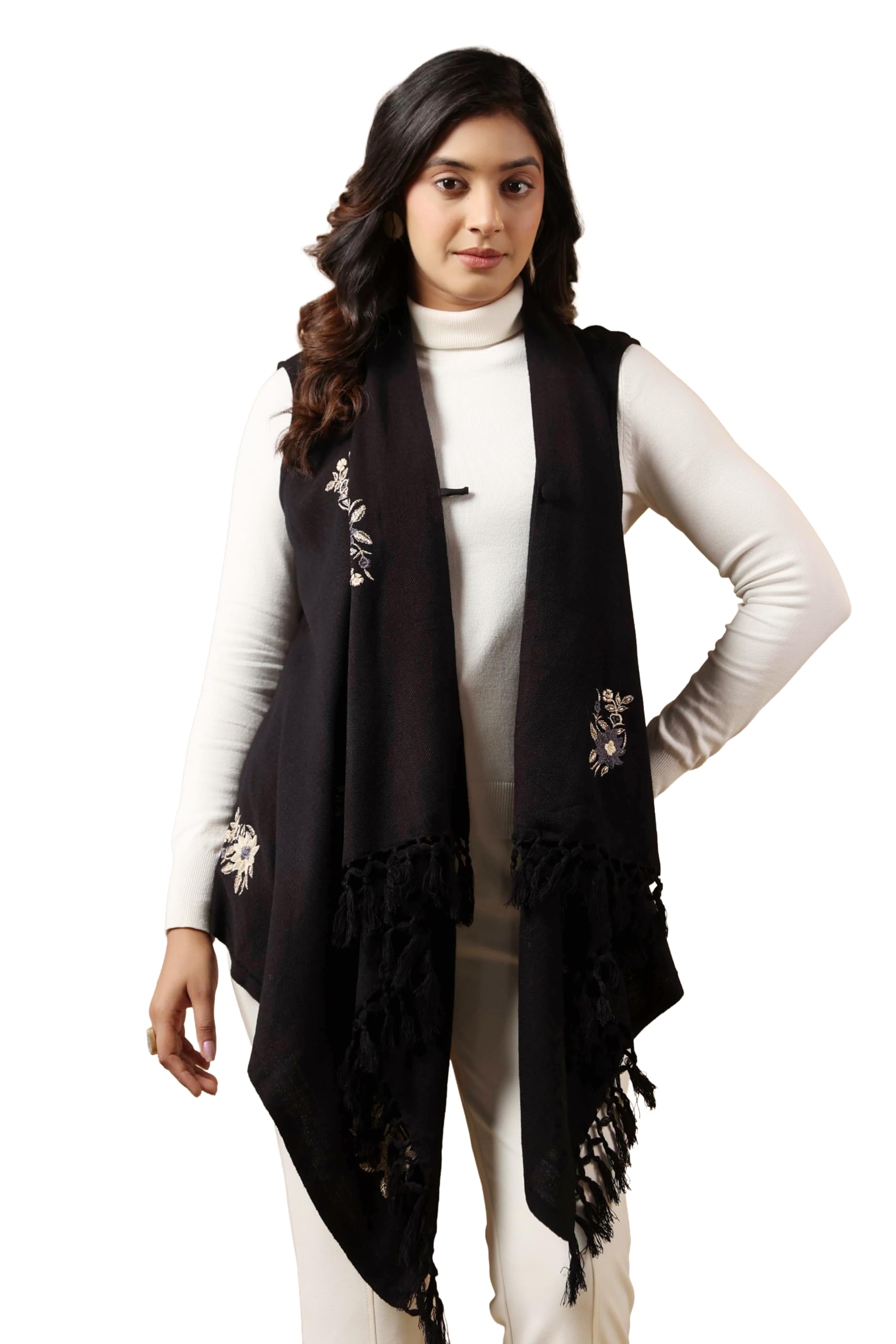 zamour Women's Sleeveless Shrug, Woven Floral Zari Embroidery Warm Cardigan Wrap-picture-44