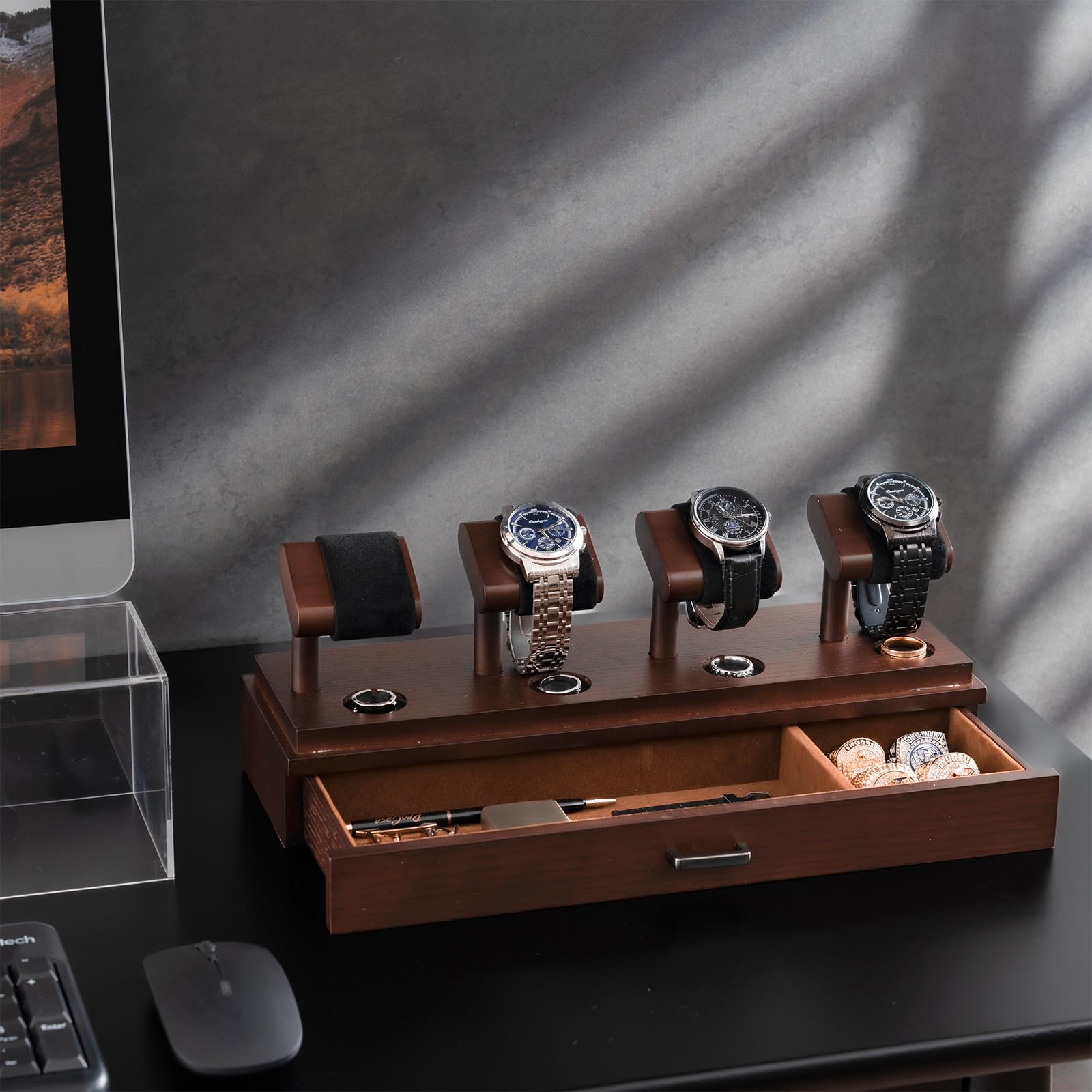 Boîte à Montres Homme En Bois 4 Emplacements – Présentoir Avec Tiroir Et Couvercle Acrylique – Marron