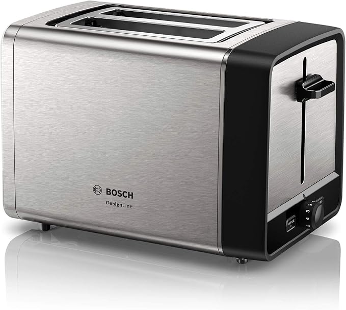 Bosch Kompakt Toaster DesignLine TAT5P420DE, Integrierter Edelstahl-Brötchenaufsatz, Mit Abschaltautomatik, Mit Auftaufunktion, Perfekt für 2 Scheiben Toast, Liftfunktion, Edelstahl, 970 W
