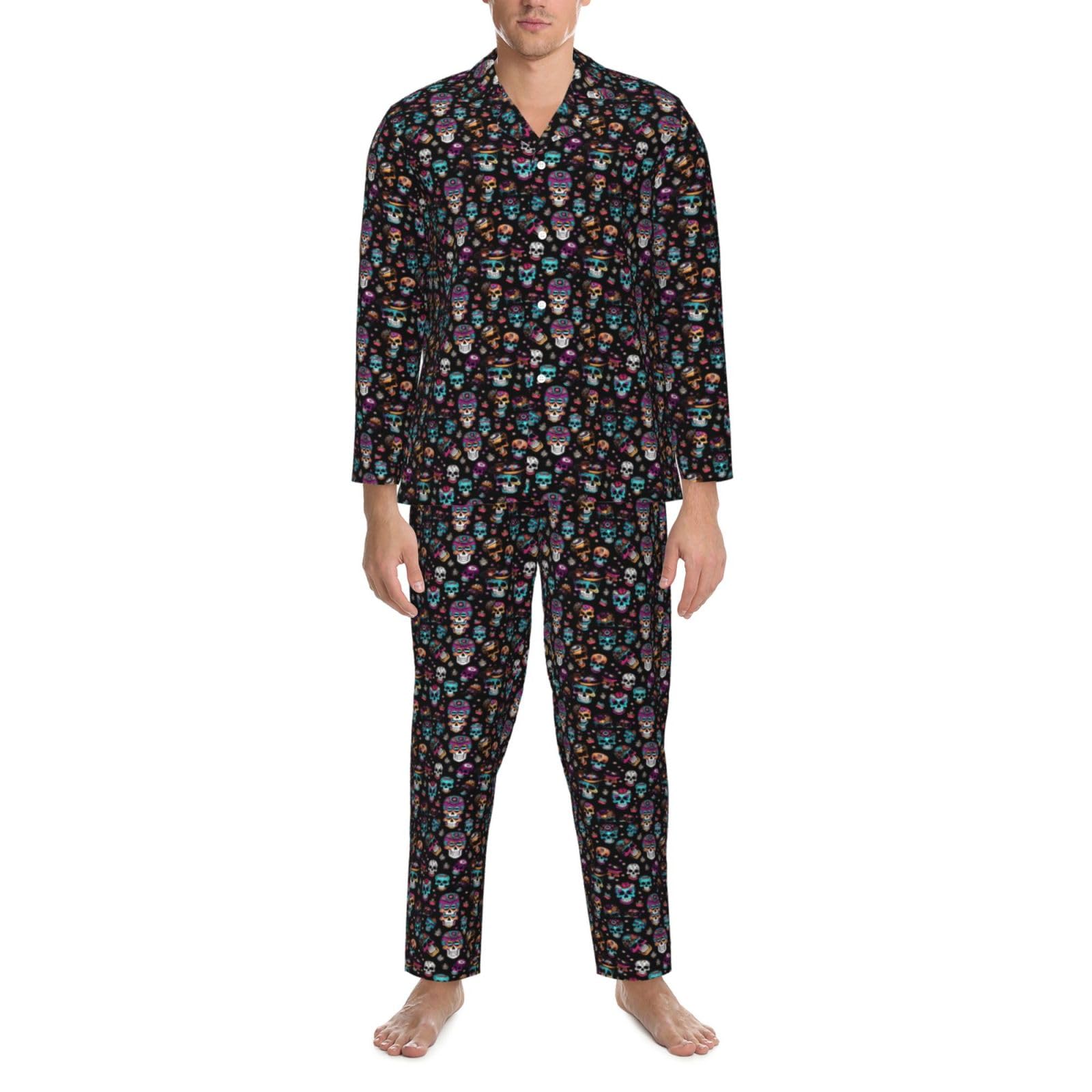 Sugar and Skulls Herren-Pyjama-Set, langärmelig, zweiteilig, Hauskleidung, bequeme Nachtwäsche, Nachtwäsche